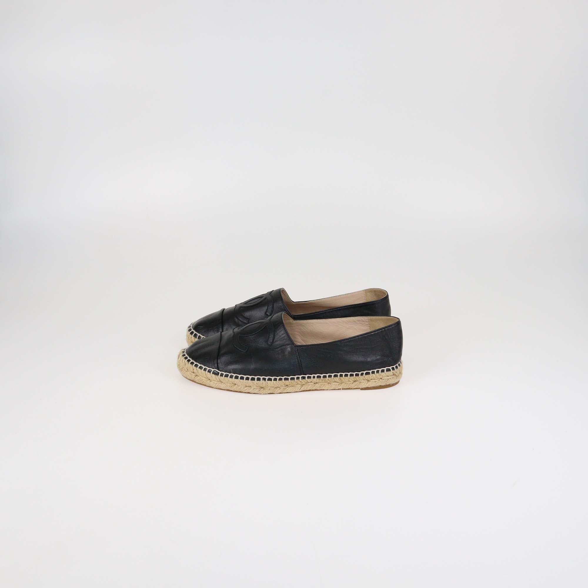 Chanel Black Leather CC Cap Toe Espadrille Flats