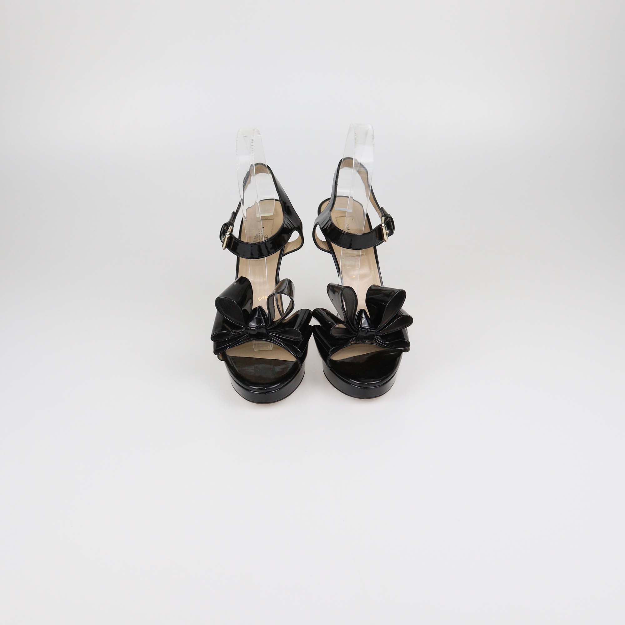 Valentino Black Patent Leather Bow Ankle Strap Sandals