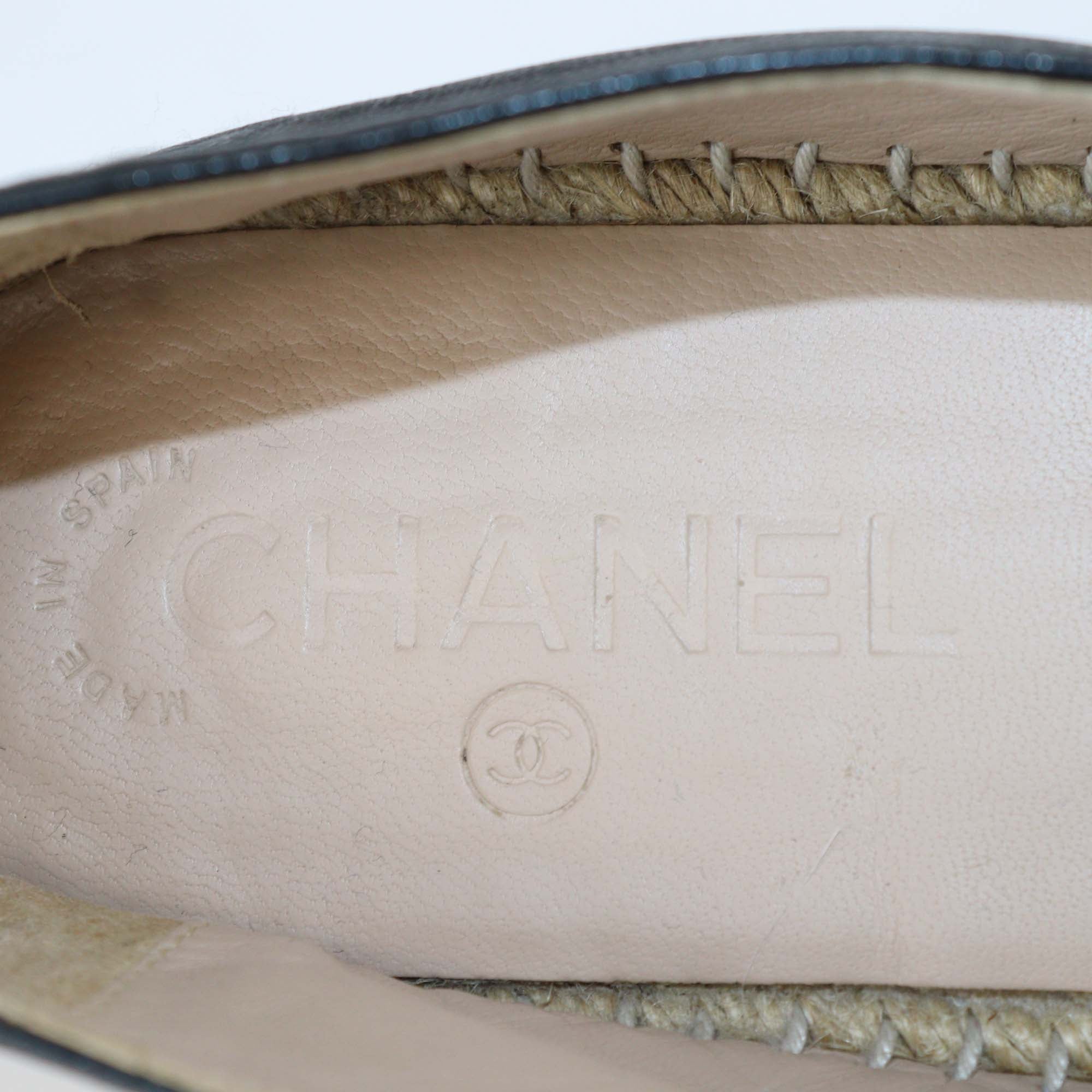 Chanel Black Leather CC Cap Toe Espadrille Flats