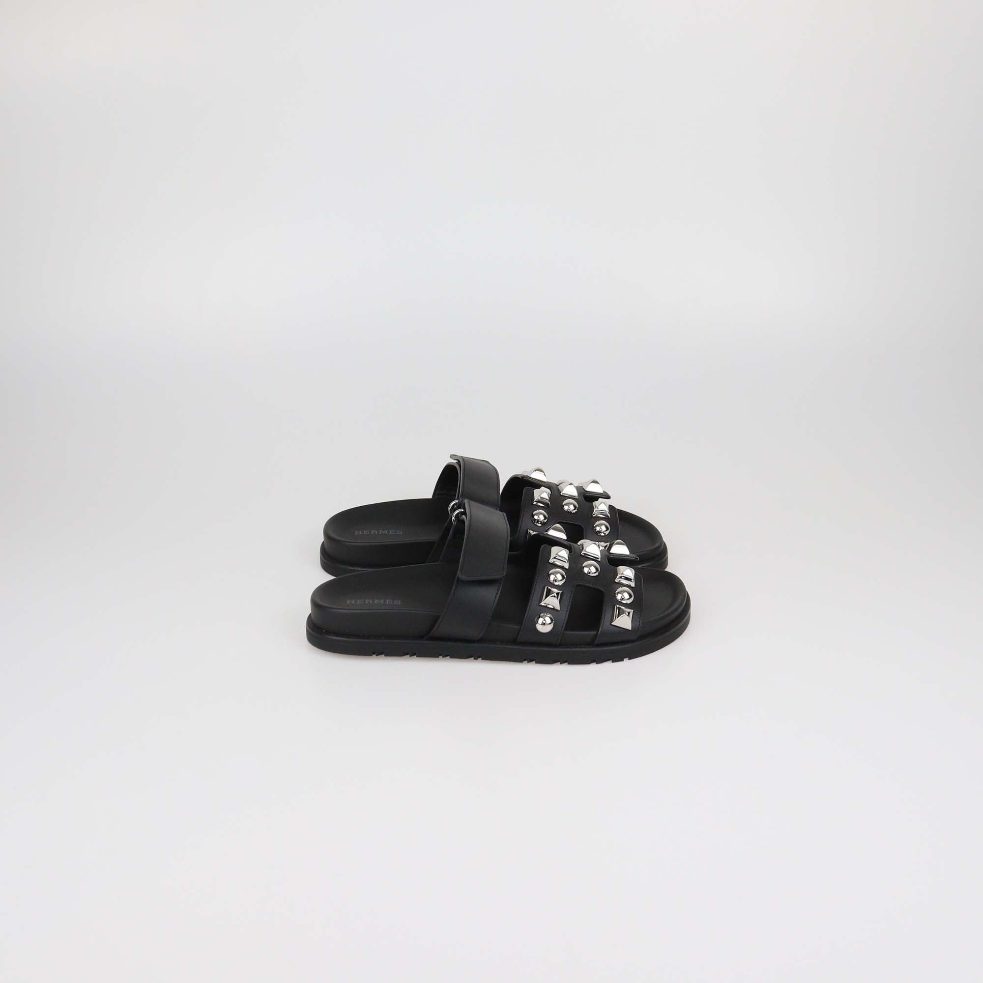 Hermes Black Leather Medor Studs Chypre Sandals