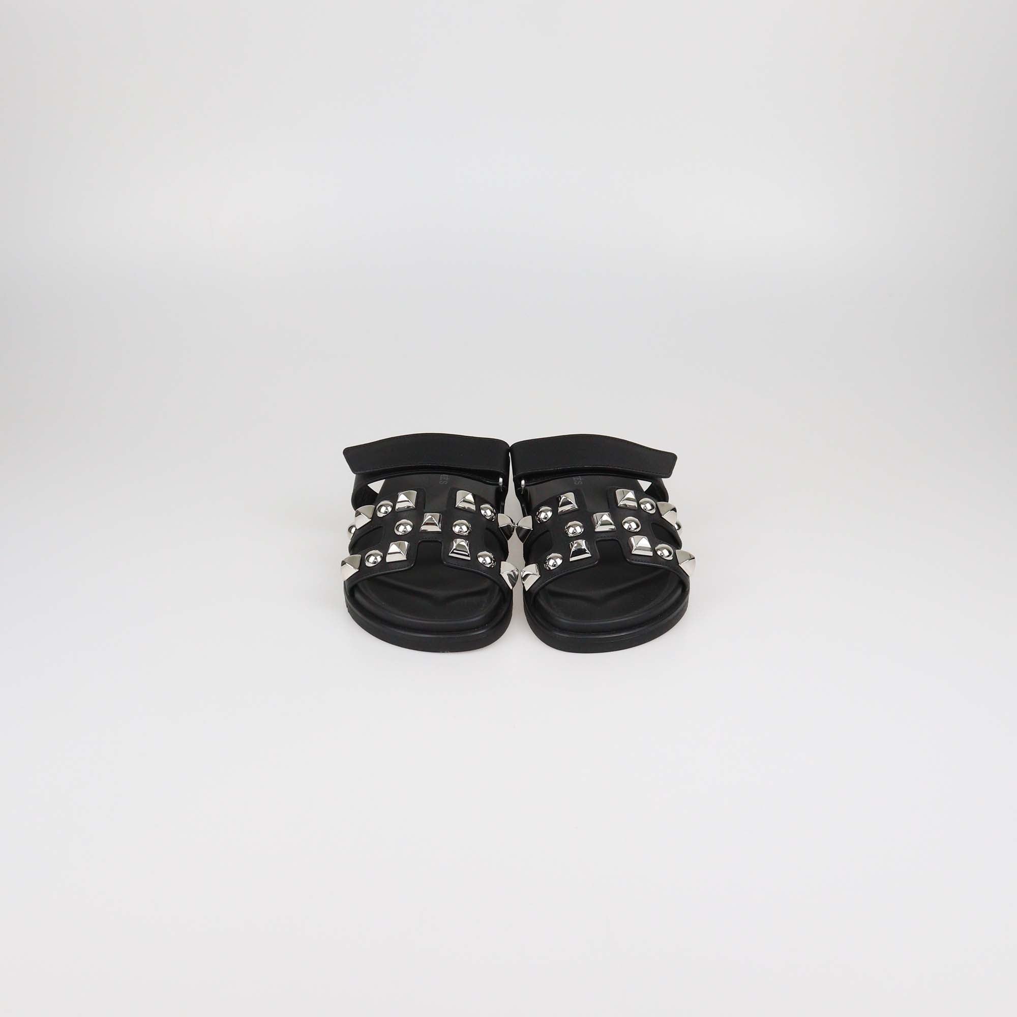 Hermes Black Leather Medor Studs Chypre Sandals