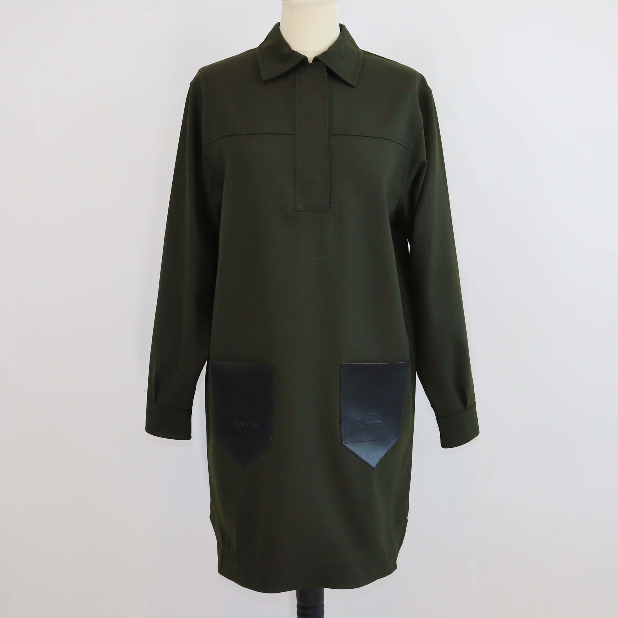 Lanvin Olive Green Wool Enfant Polo-Collar Long-Sleeve Dress