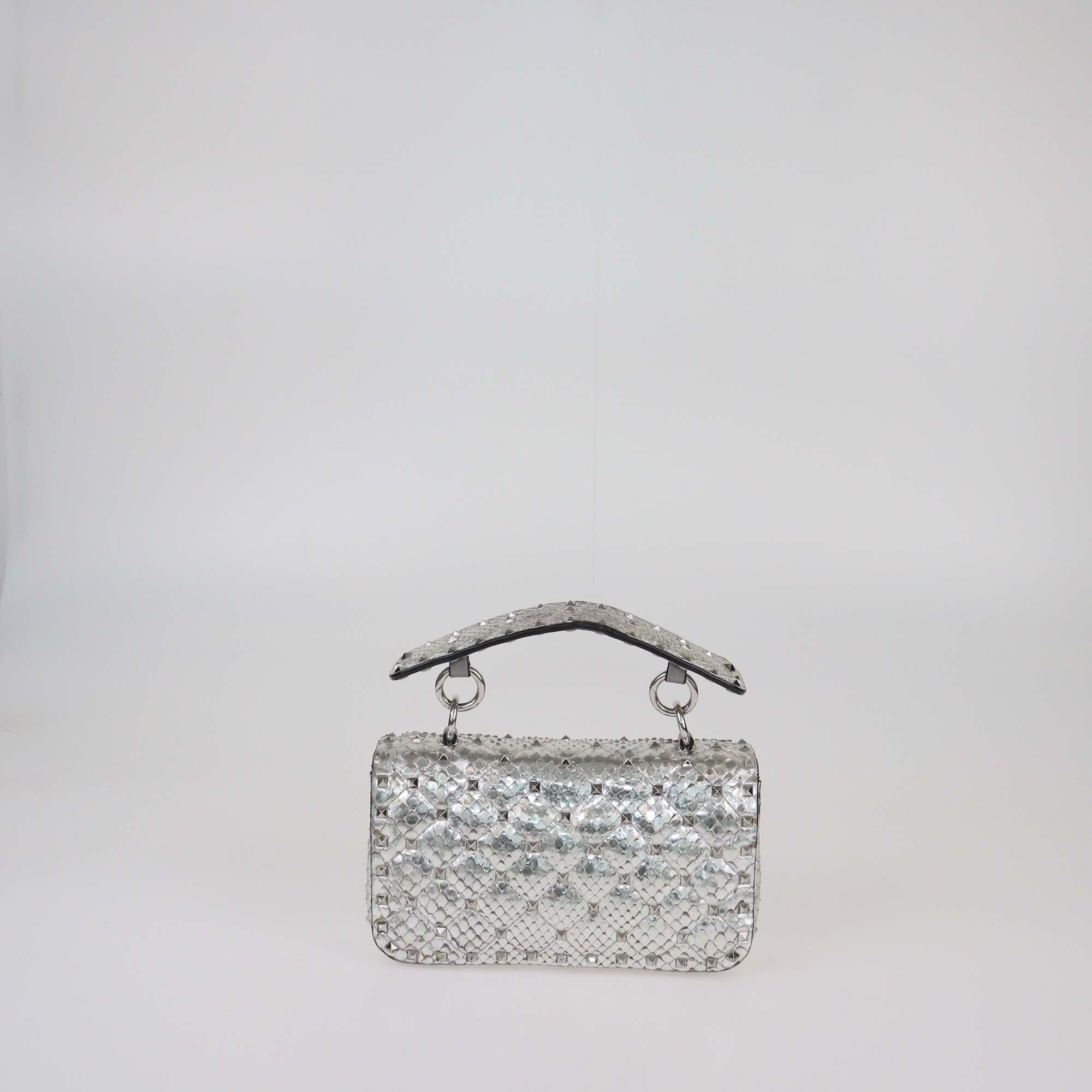 Valentino Silver Quilted Small Rockstud Spike Top Handle Bag Womens Valentino