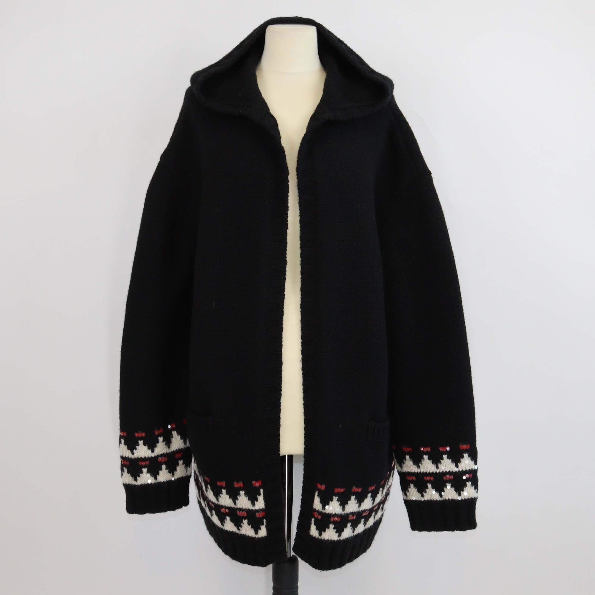 Yves Saint Laurent Black Wool Knit Sequin Embellishments Hooded Cardigan