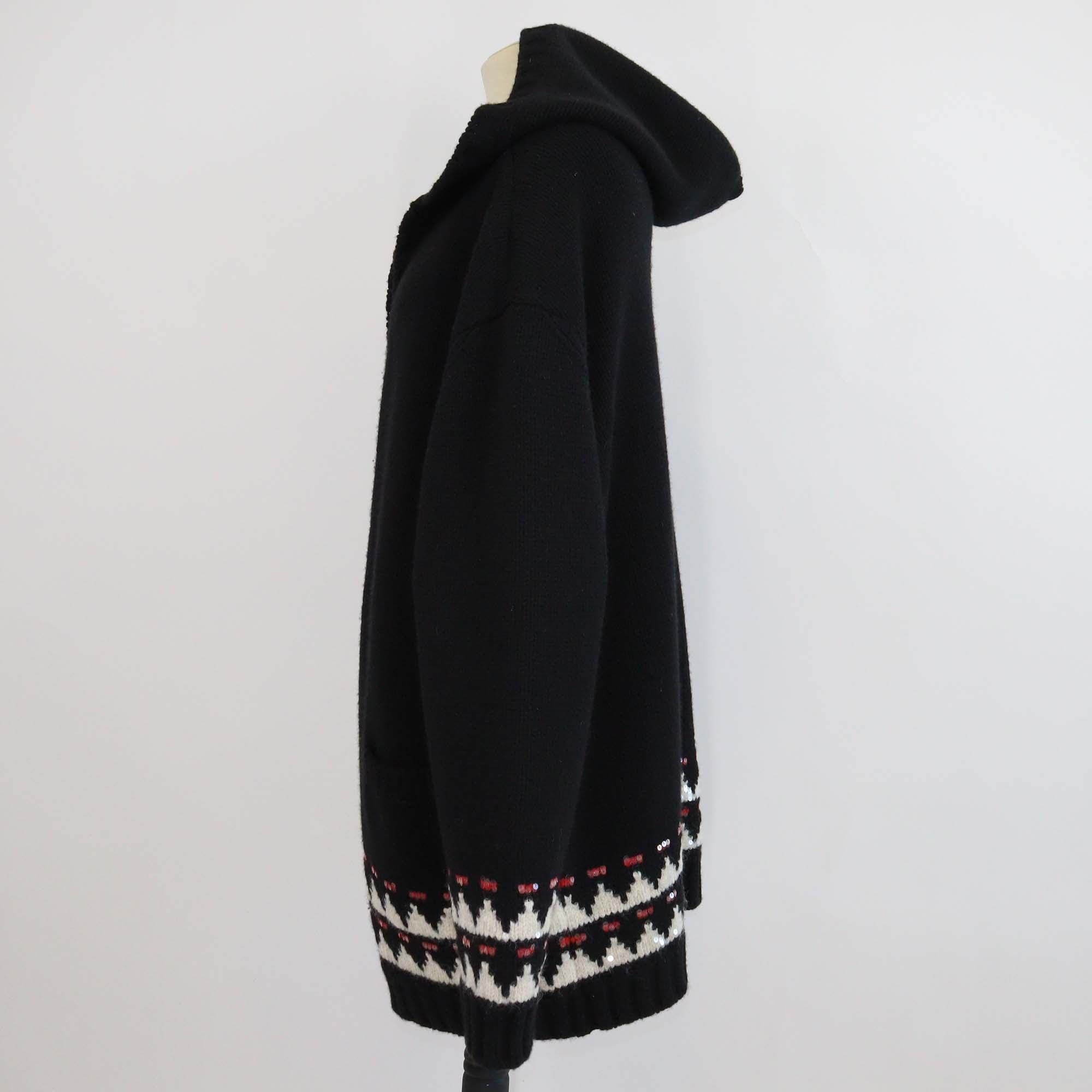 Yves Saint Laurent Black Wool Knit Sequin Embellishments Hooded Cardigan
