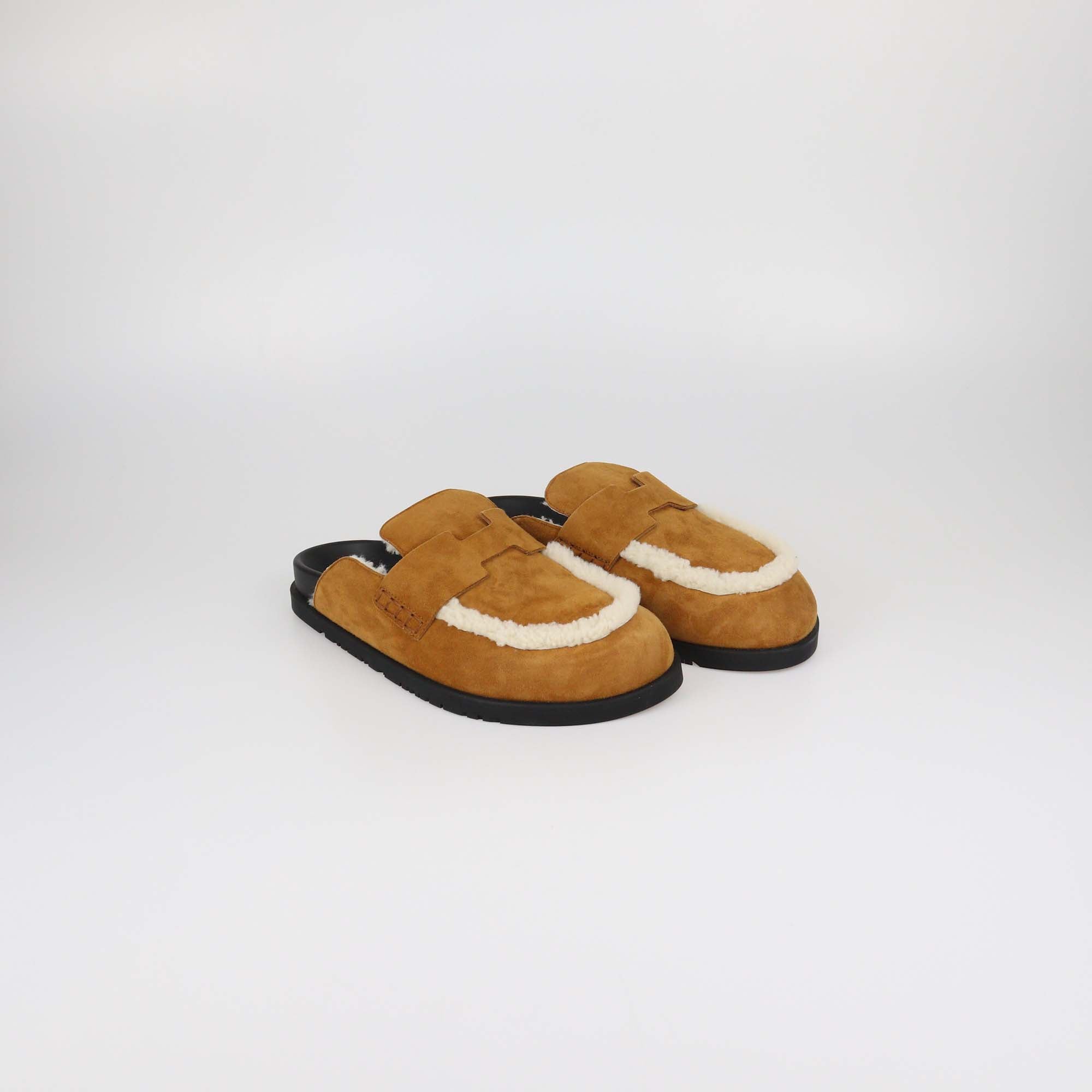 Hermes Brown Suede and Shearling GO Mules