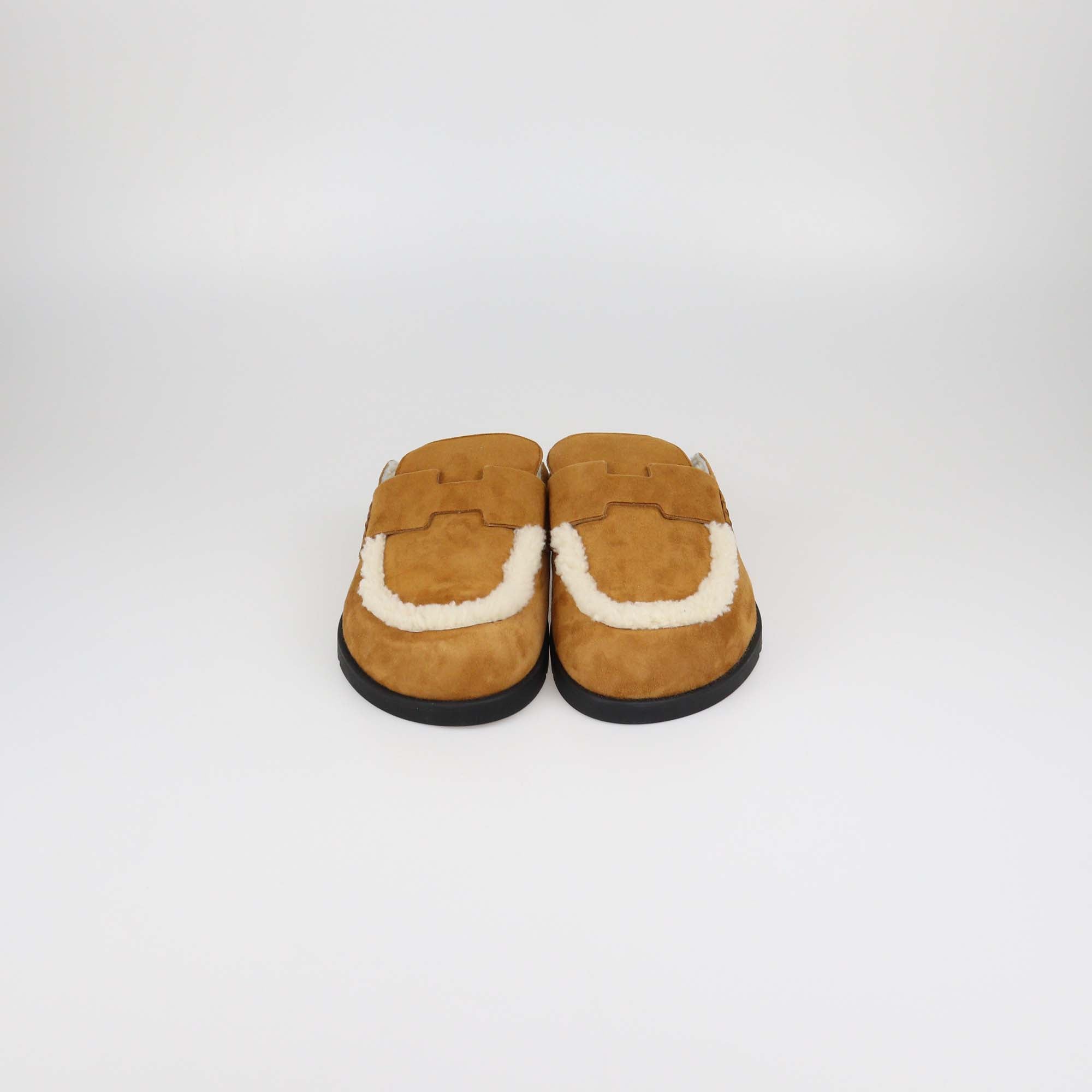 Hermes Brown Suede and Shearling GO Mules