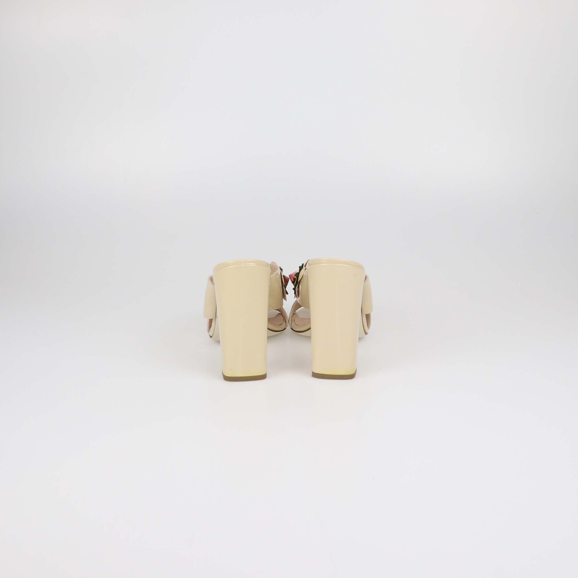 Fendi Beige Patent Leather Flowerland Mule Sandals