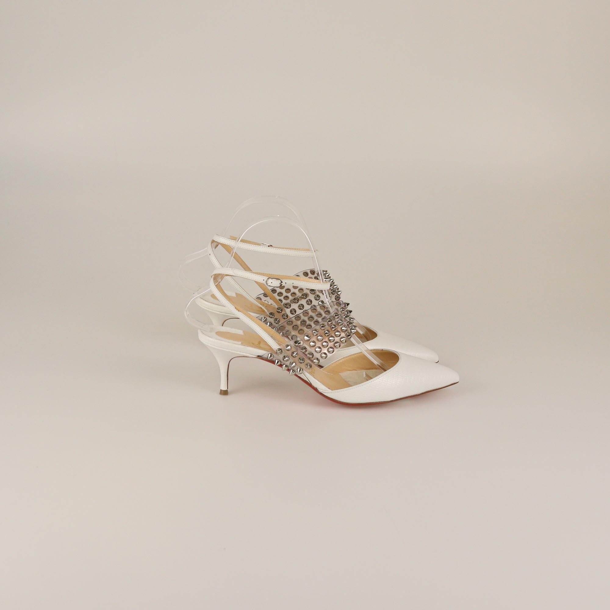 Christian Louboutin White Lizard Embossed Levita Spiked Ankle Wrap Pumps Womens Christian Louboutin