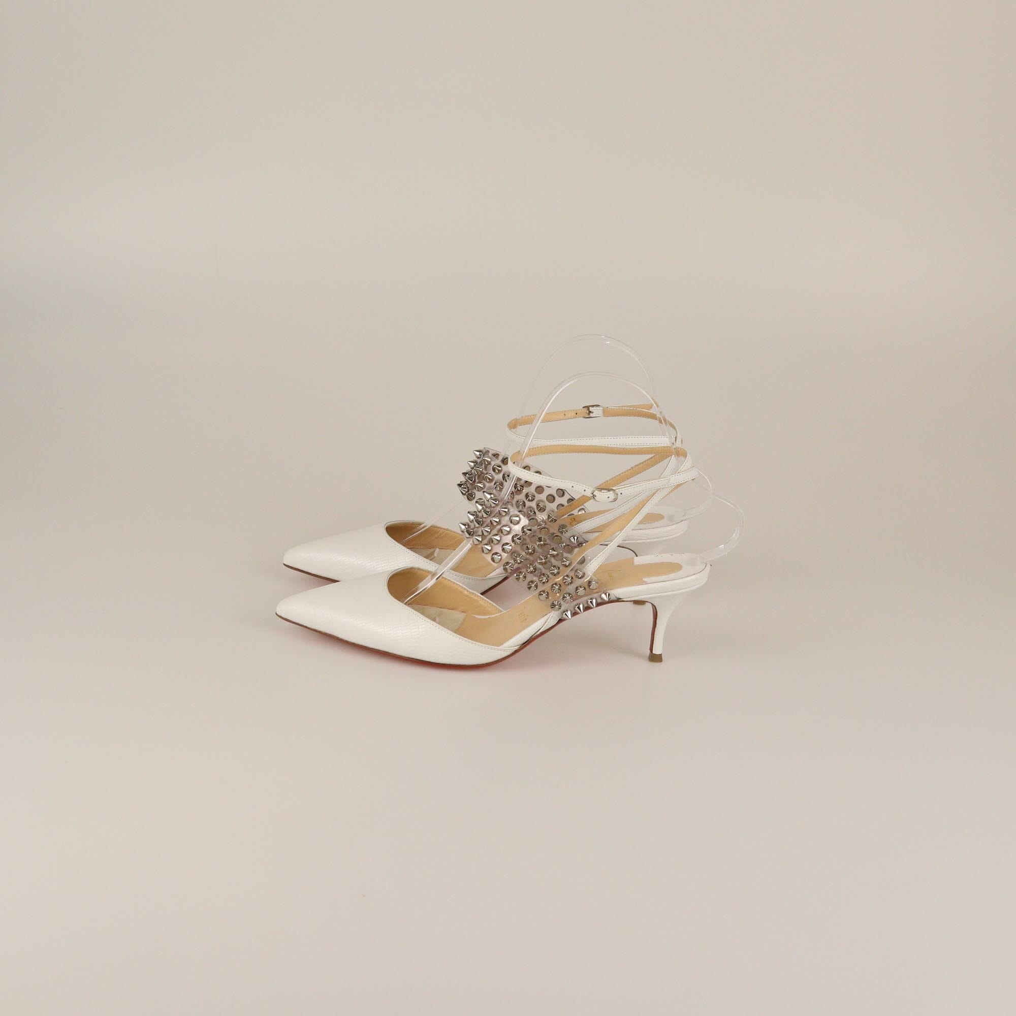 Christian Louboutin White Lizard Embossed Levita Spiked Ankle Wrap Pumps Womens Christian Louboutin