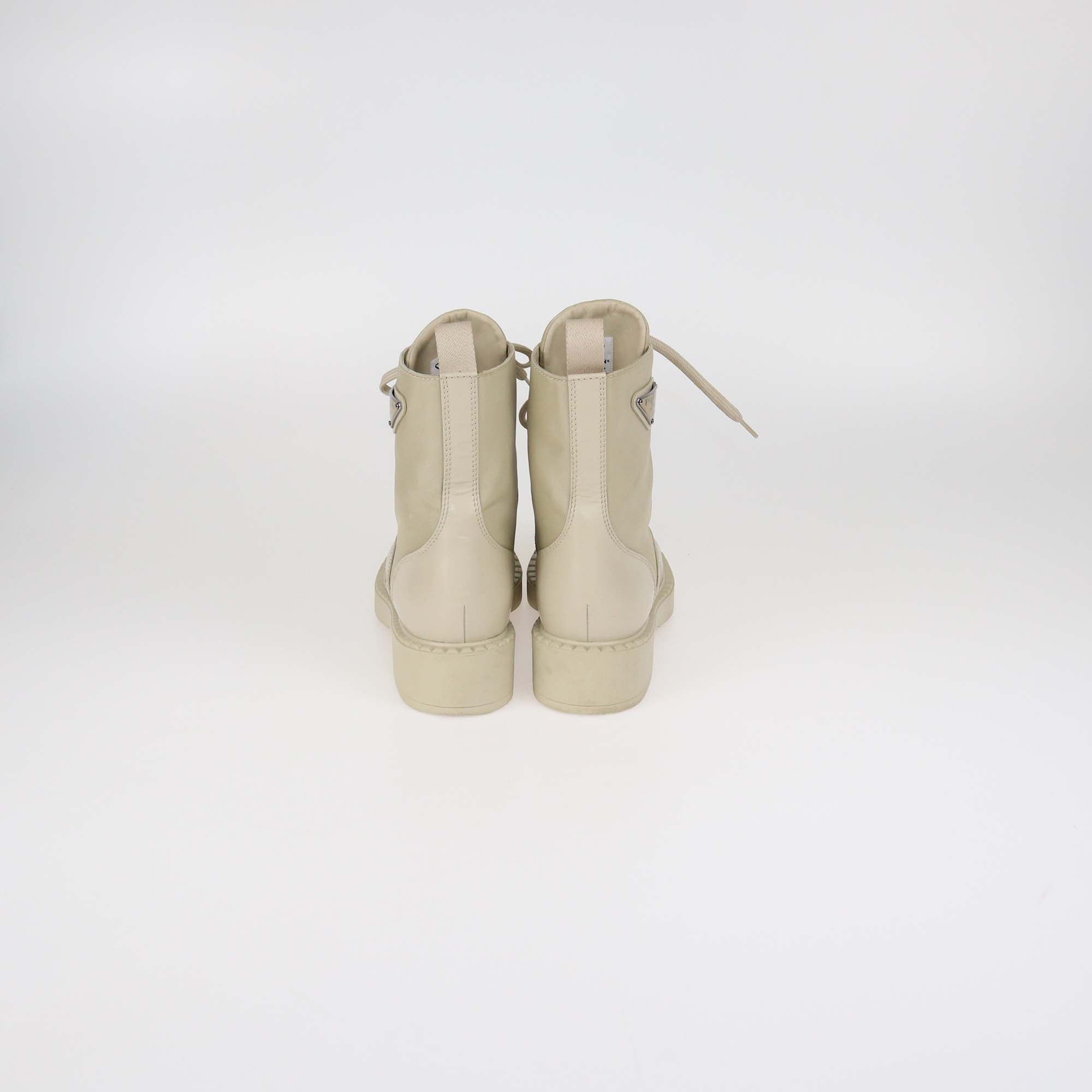 Prada Beige Enamel Triangle Logo Leather & Re-Nylon Combat Boots