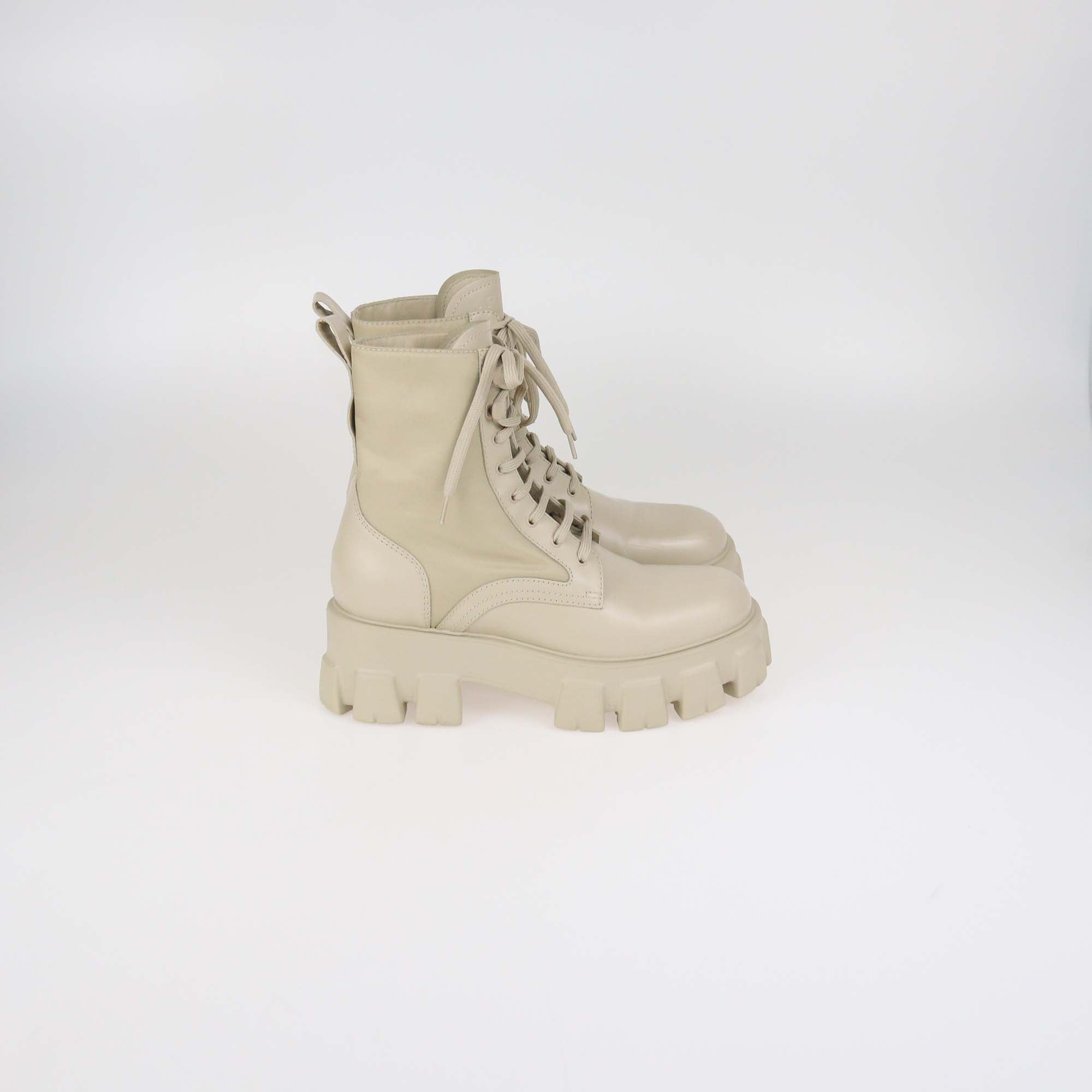 Prada Beige Leather and Nylon Monolith Combat Boots