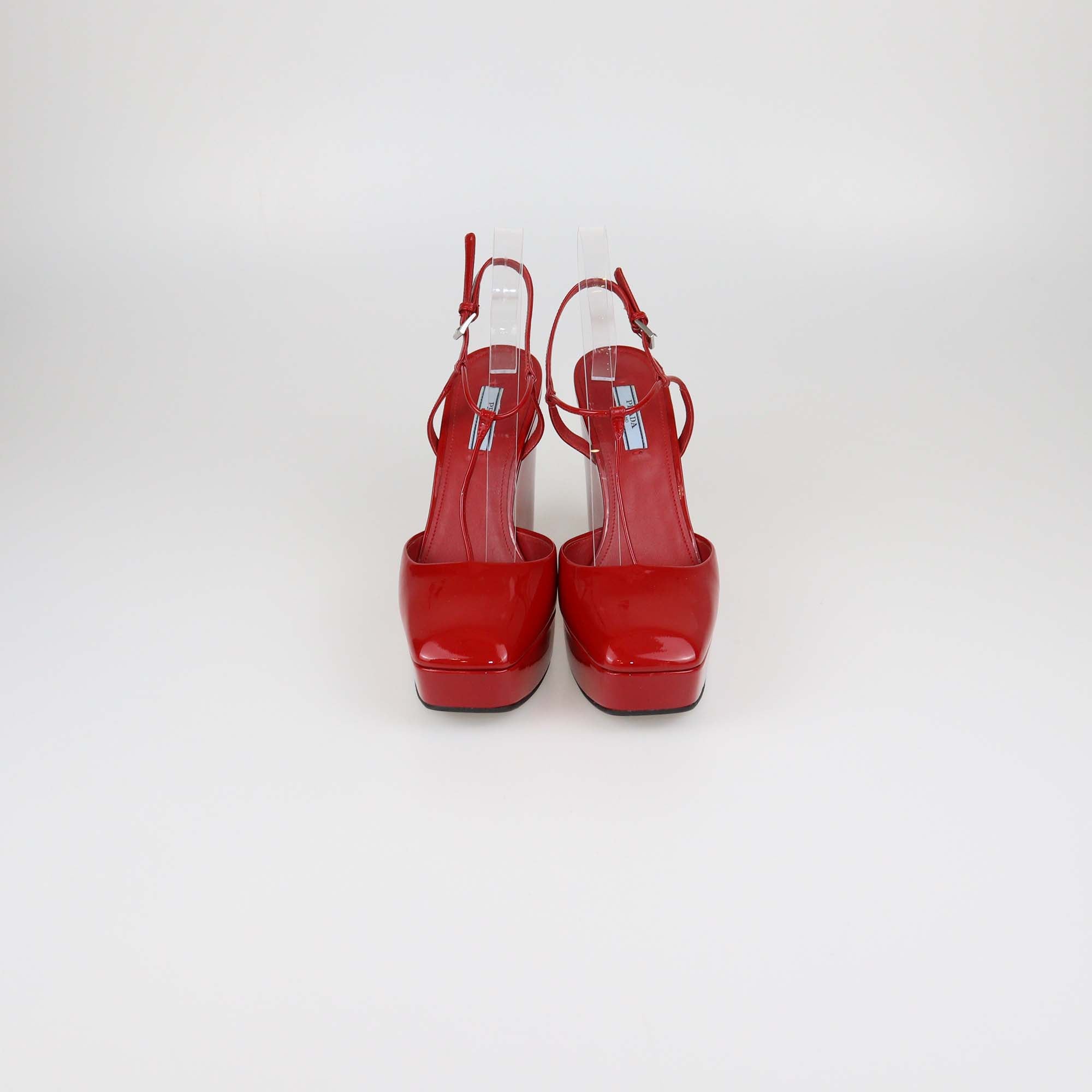 Prada Red Patent Leather T-Strap Wedge Pumps