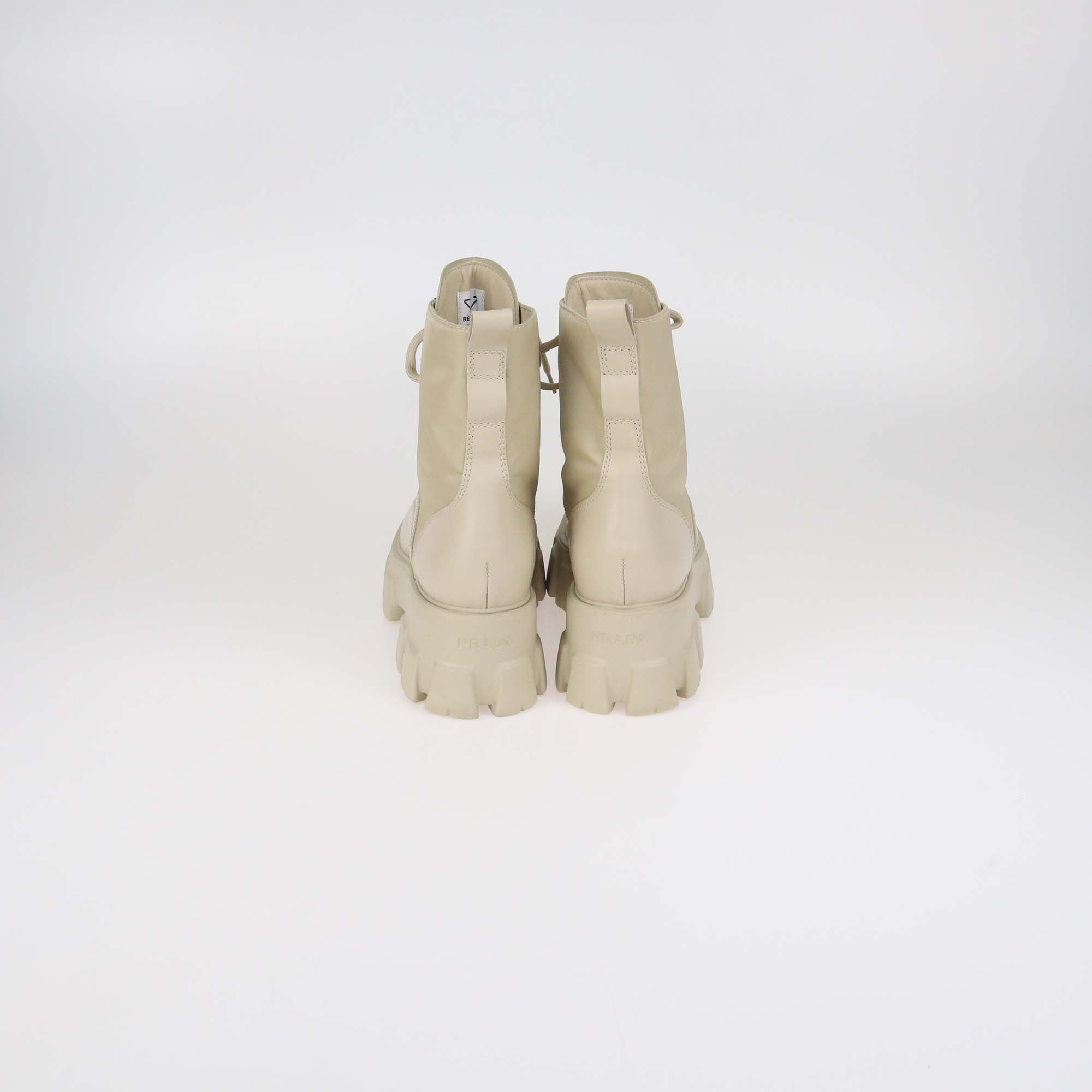 Prada Beige Leather and Nylon Monolith Combat Boots