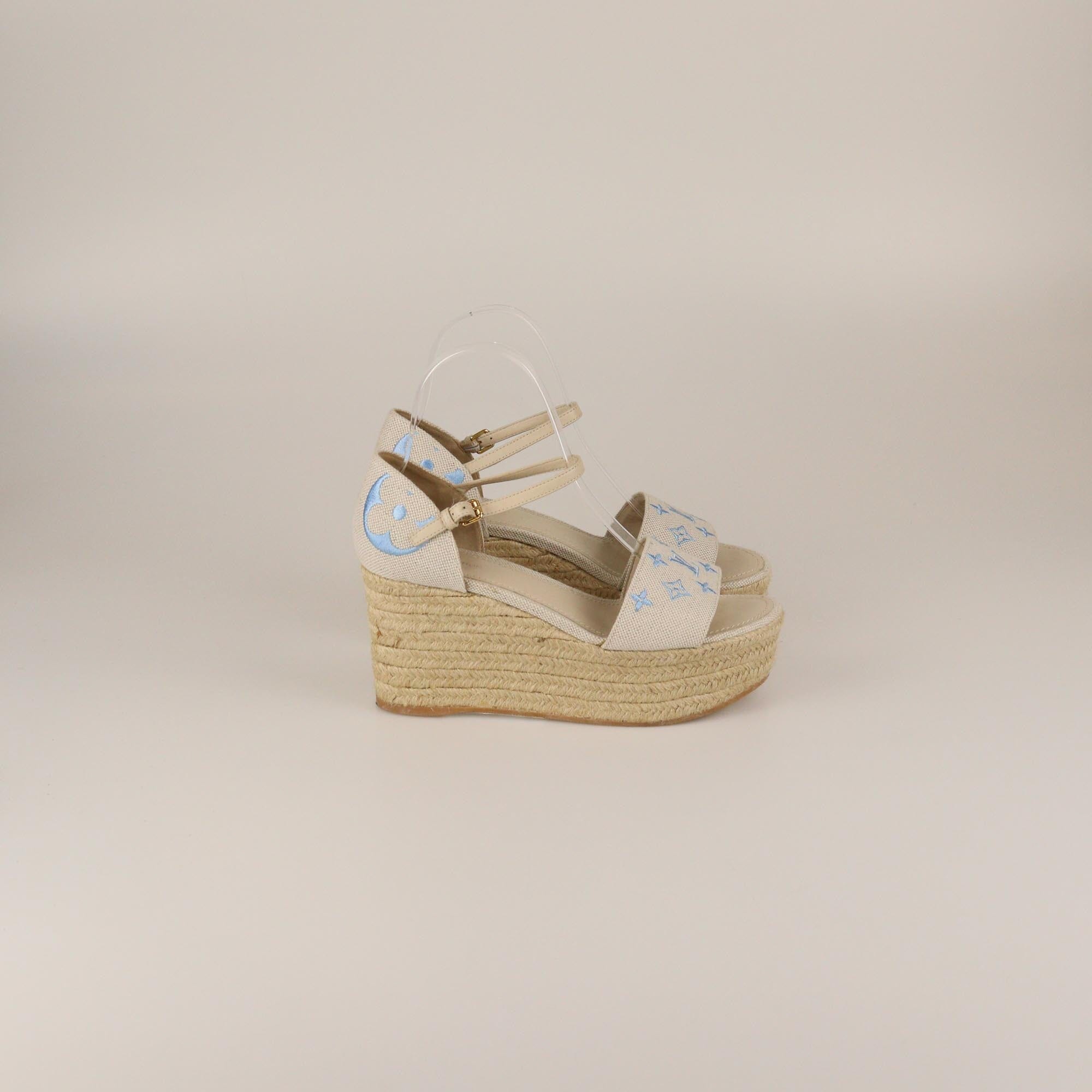 Louis Vuitton Light Beige Monogram Starboard Espadrille Wedge Sandals Womens Louis Vuitton