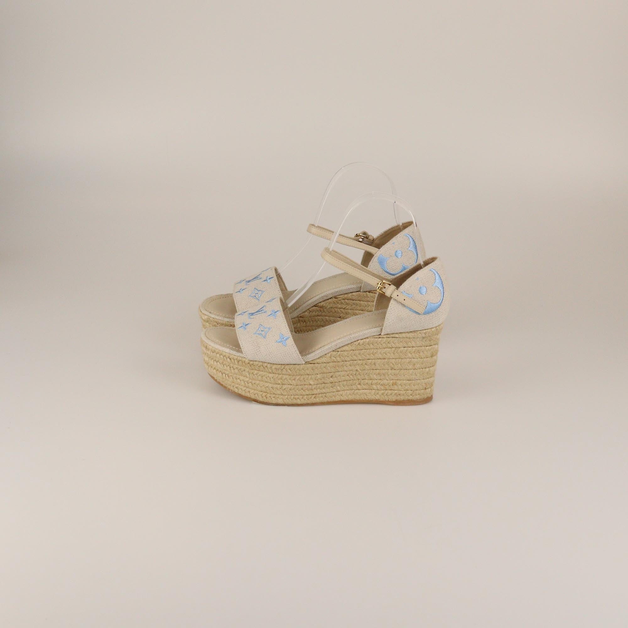 Louis Vuitton Light Beige Monogram Starboard Espadrille Wedge Sandals Womens Louis Vuitton