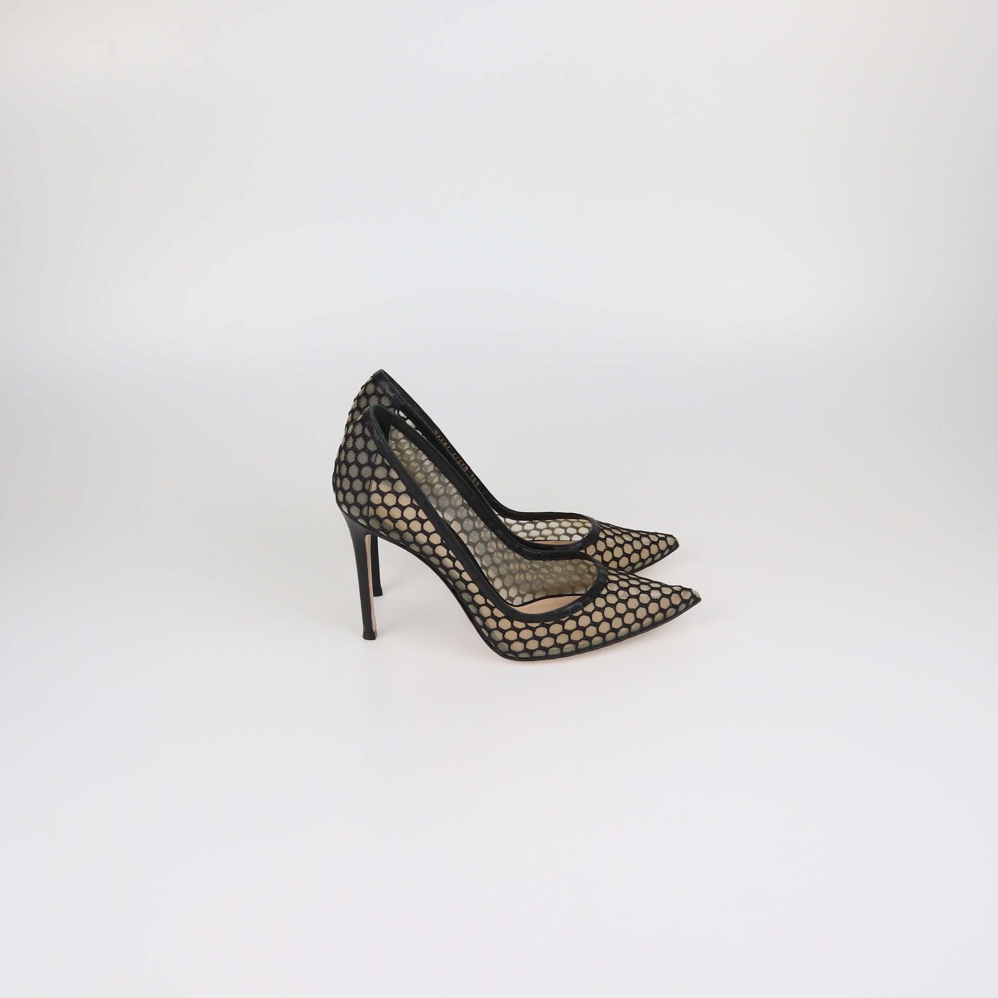 Gianvito Rossi Black Mesh and Leather Cutout Pointed Toe Pumps