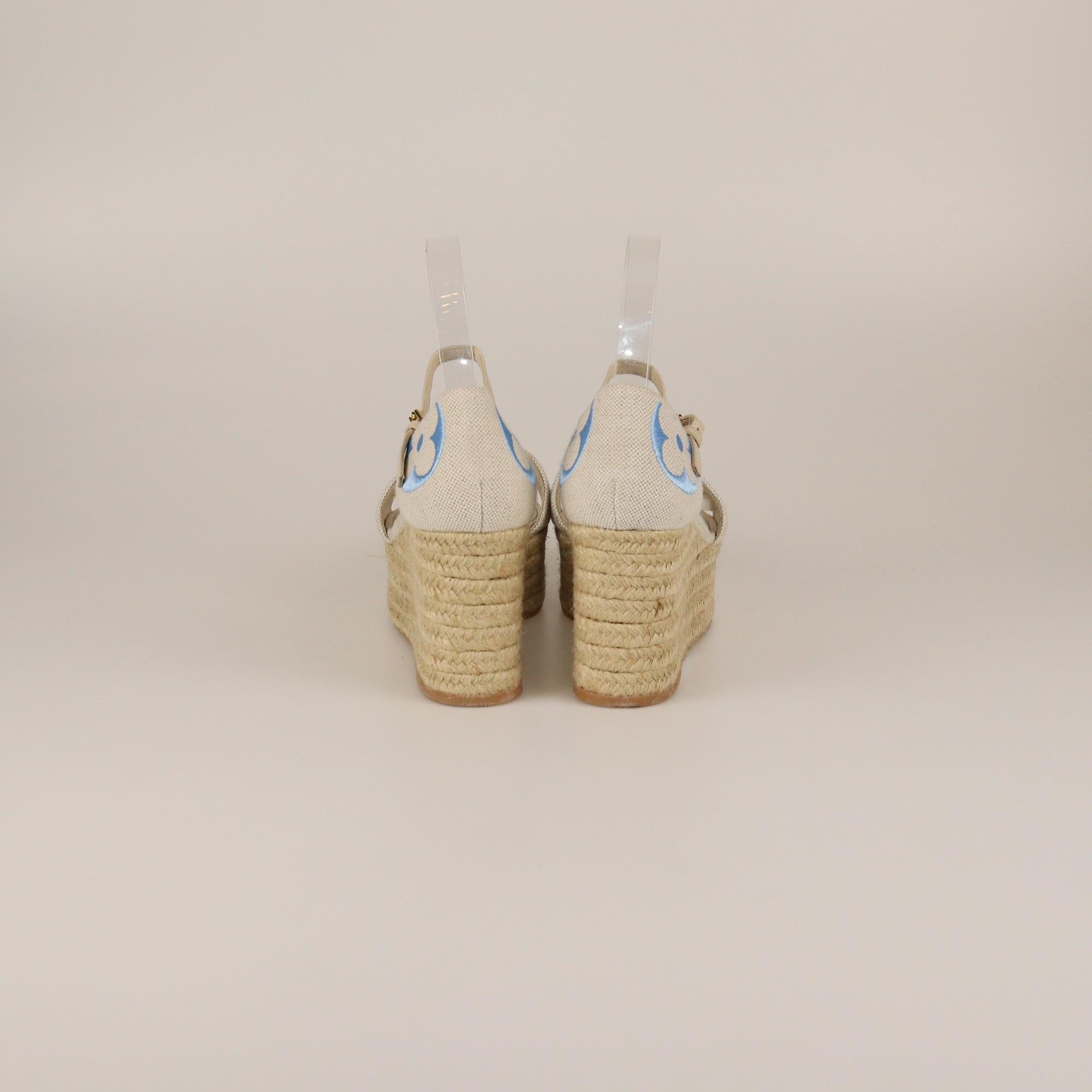 Louis Vuitton Light Beige Monogram Starboard Espadrille Wedge Sandals Womens Louis Vuitton