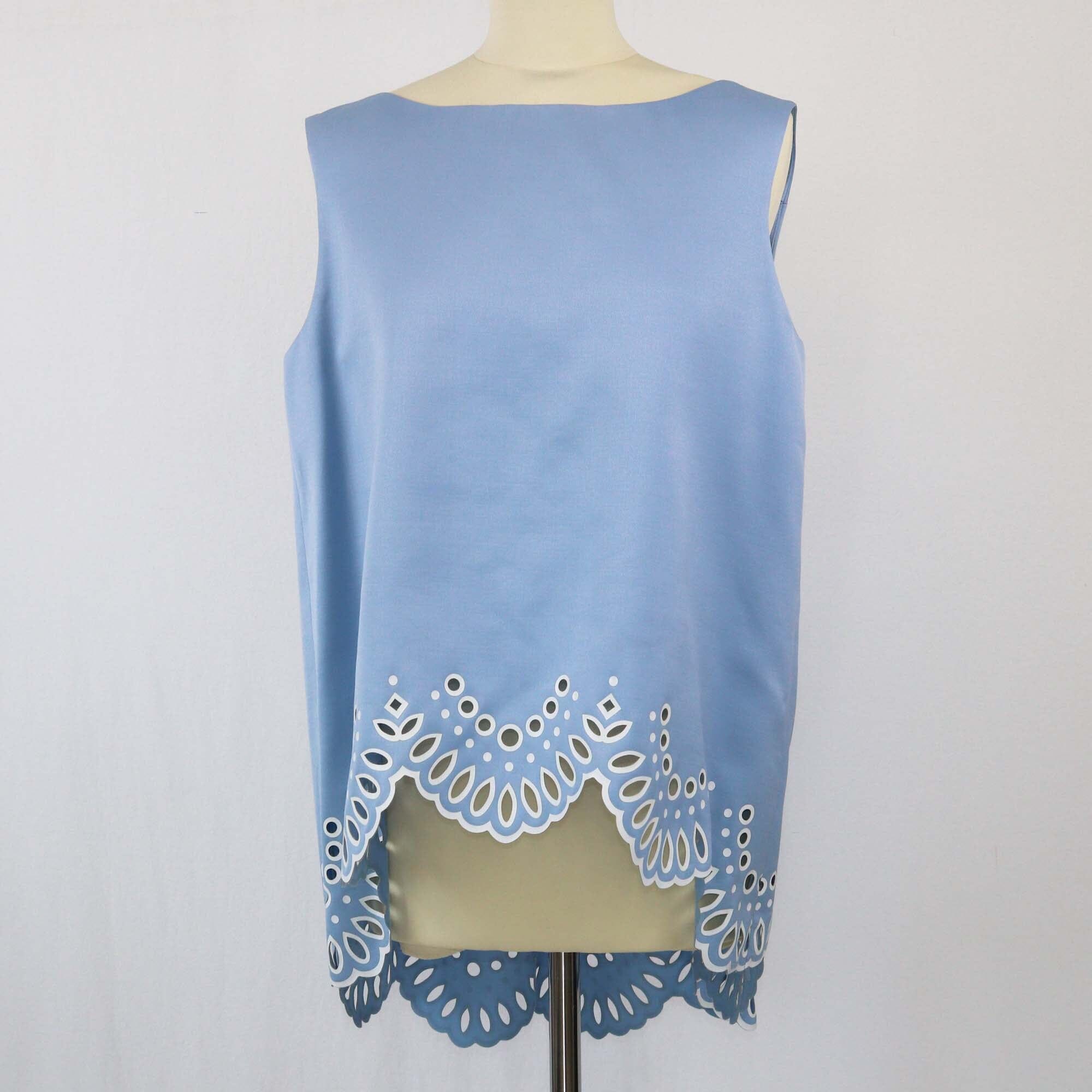 Oscar De La Renta Blue Scallop Sleeveless Top Womens Oscar De La Renta