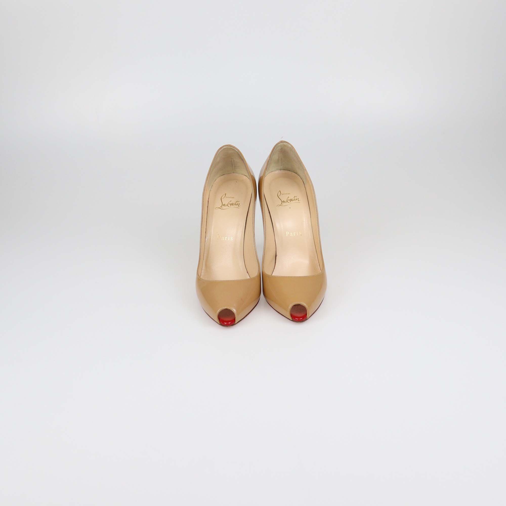 Christian Louboutin Beige Patent Leather Peep Toe Pumps