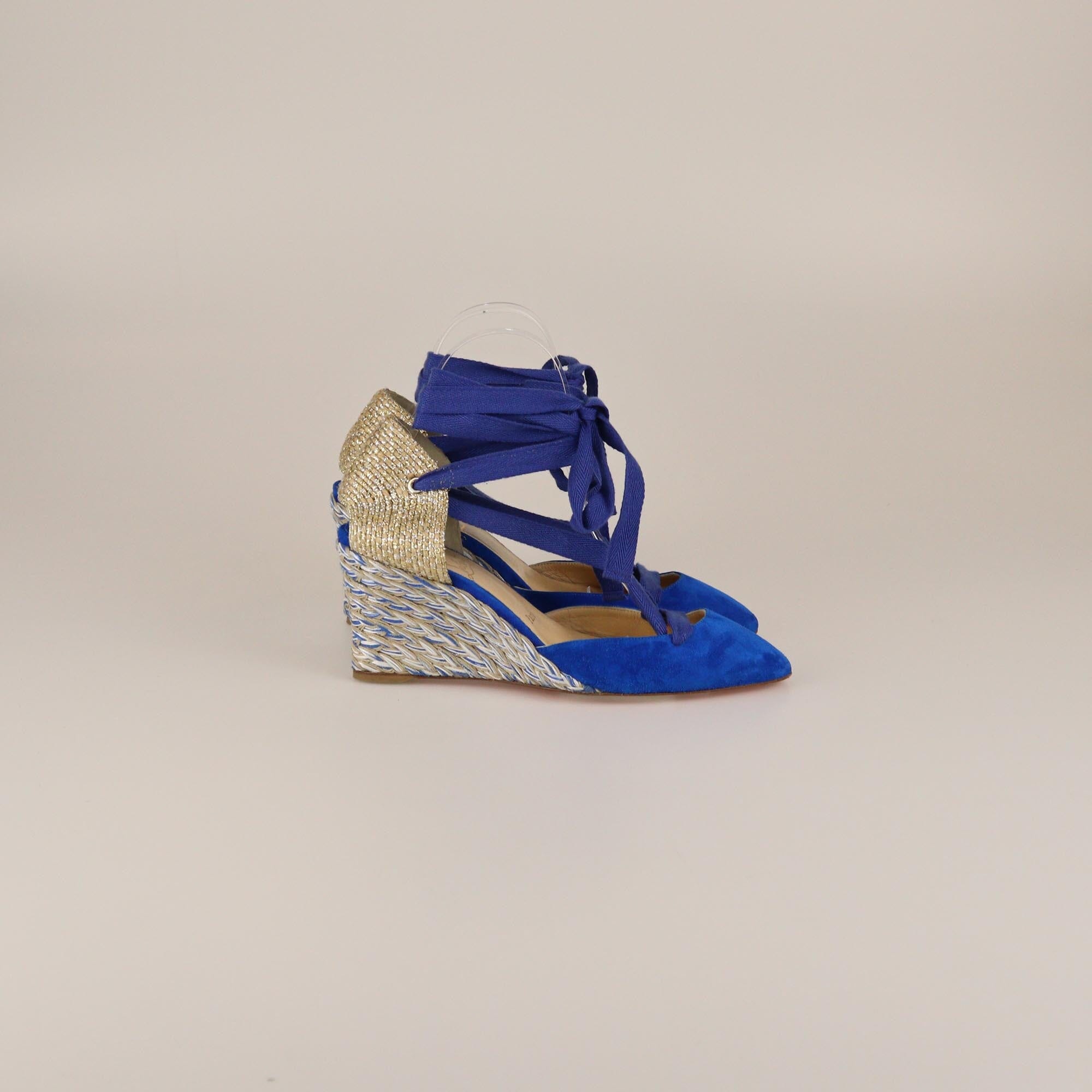 Christian Louboutin Blue/Gold Raffia Wedge Tie Pumps Womens Christian Louboutin