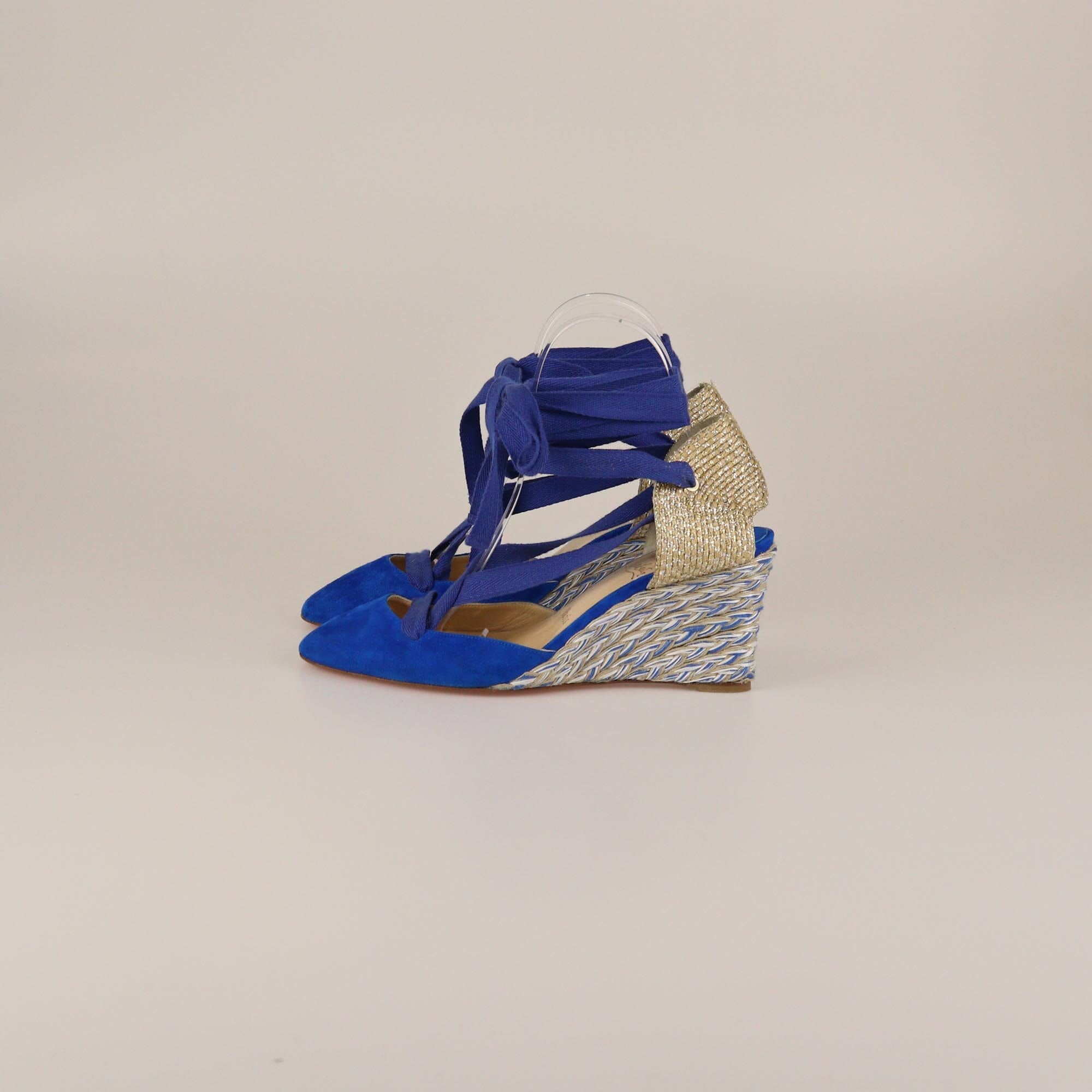Christian Louboutin Blue/Gold Raffia Wedge Tie Pumps Womens Christian Louboutin