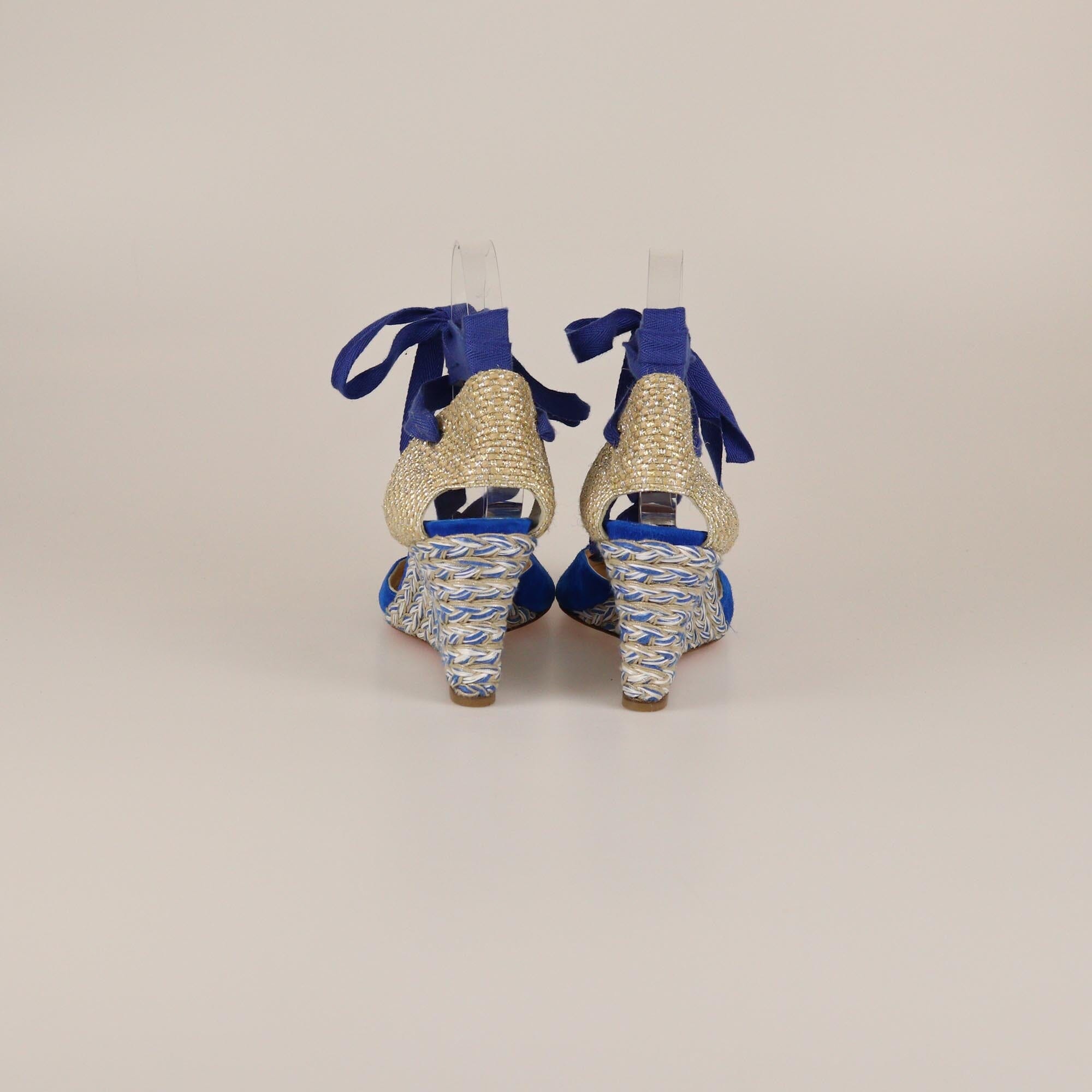 Christian Louboutin Blue/Gold Raffia Wedge Tie Pumps Womens Christian Louboutin