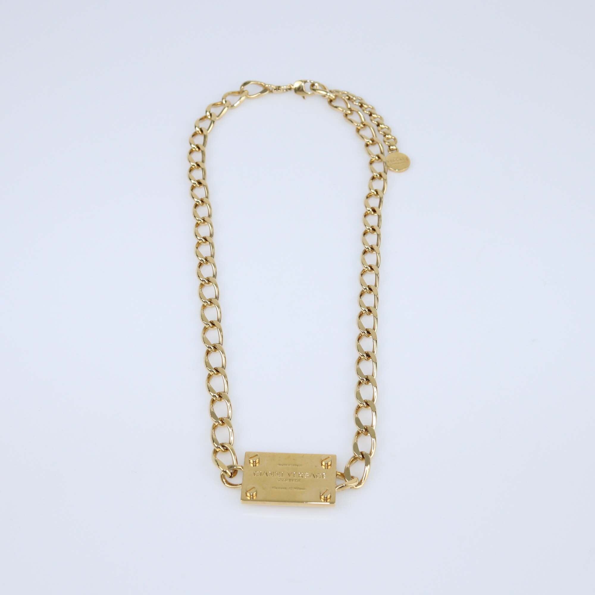 Versace Gold Metal Tone Plaque Chain Links Necklace Womens Versace