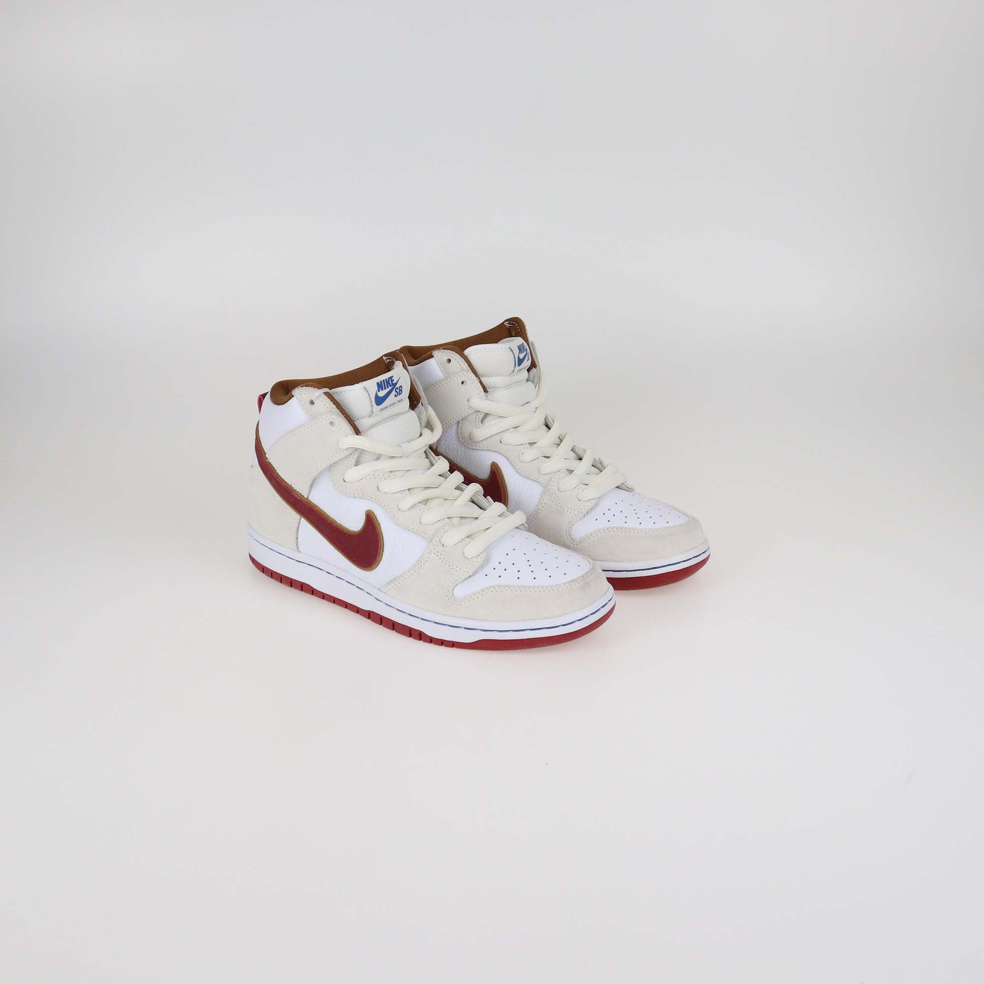 Nike SB Sail Bright Crimson Suede and Leather Dunk High Top Sneakers