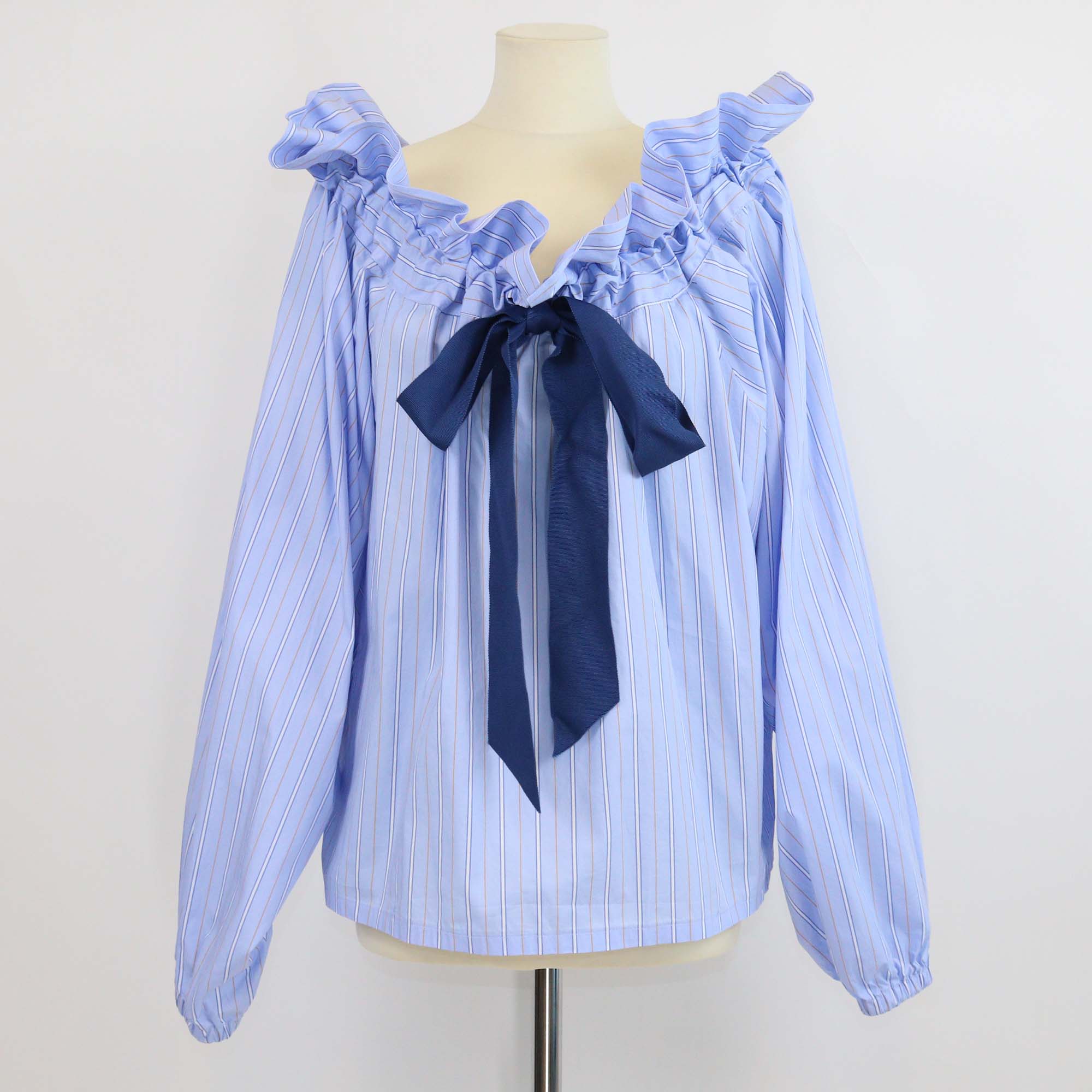 Aquarius Cocktail Blue Striped Cotton Ruffled Collar Ribbon Long Sleeve Blouse