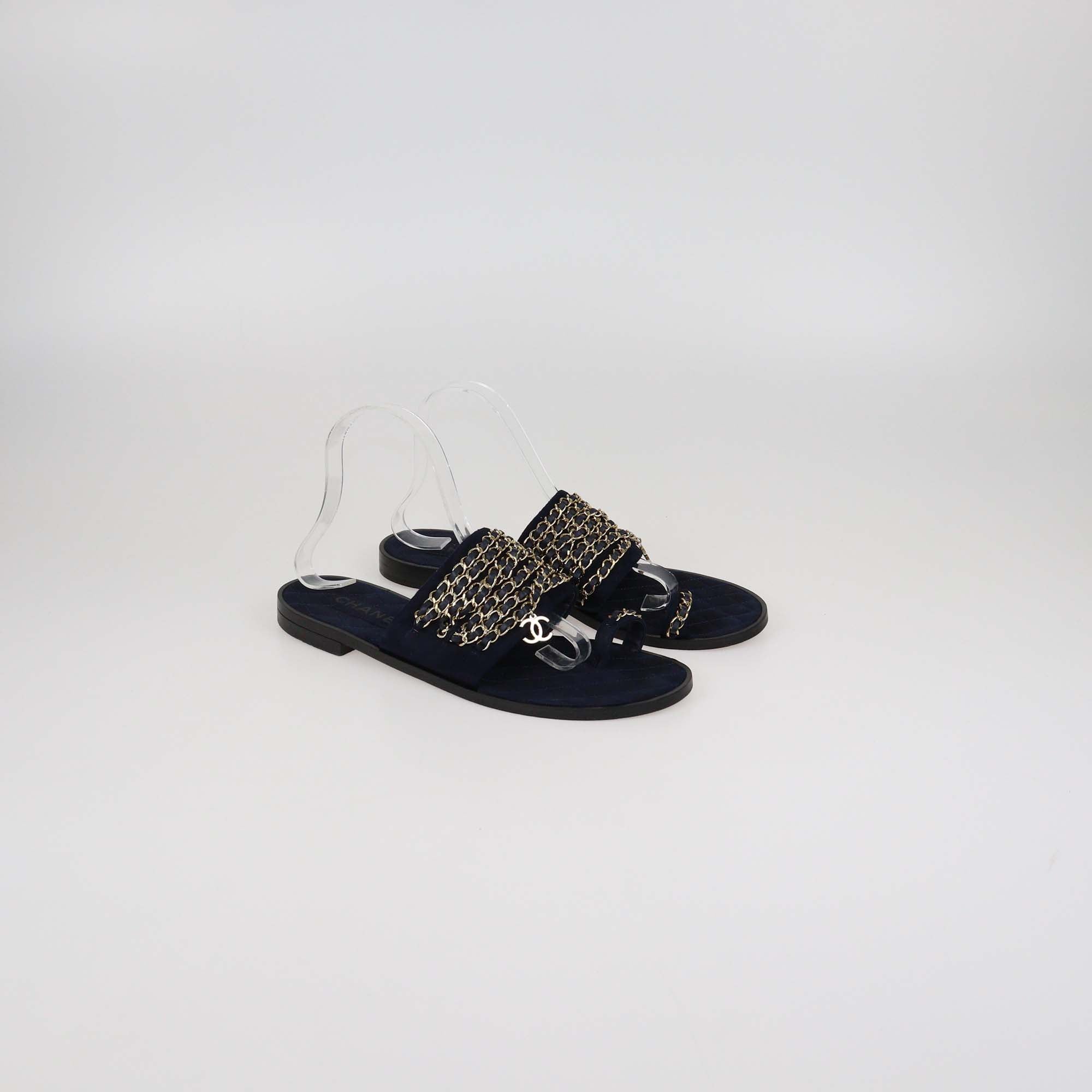 Chanel Navy Blue Suede and Leather Chain Links Flat Slides