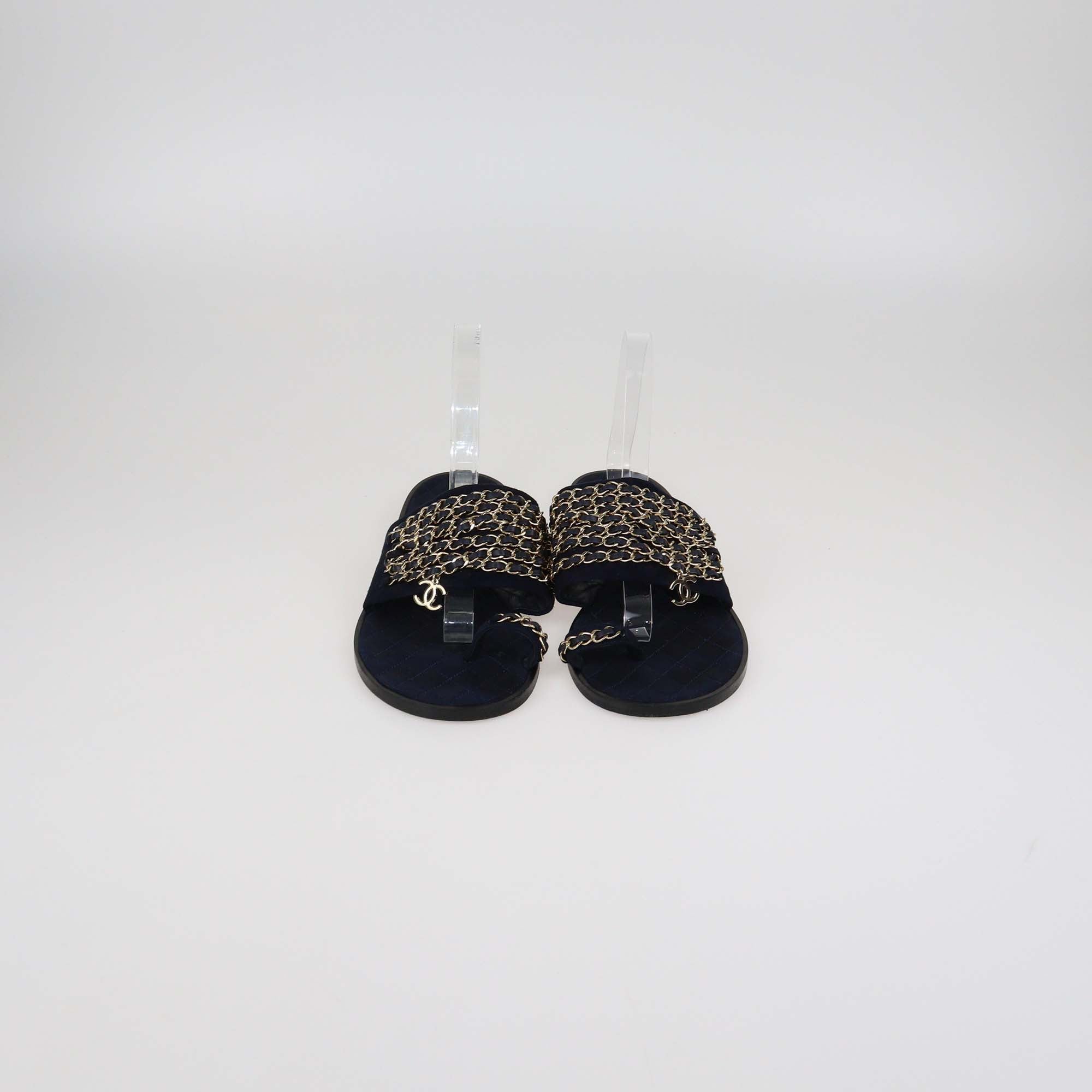 Chanel Navy Blue Suede and Leather Chain Links Flat Slides