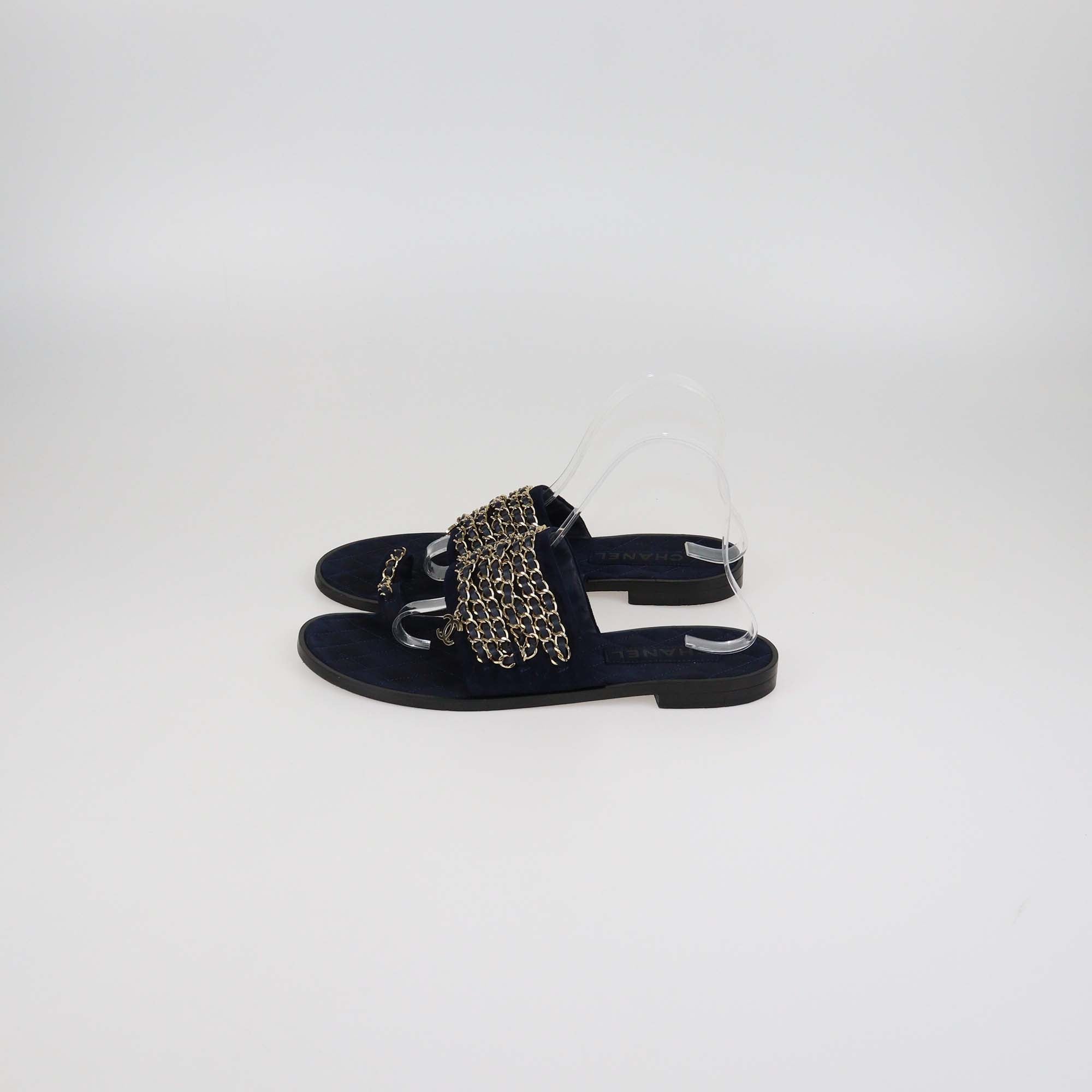 Chanel Navy Blue Suede and Leather Chain Links Flat Slides