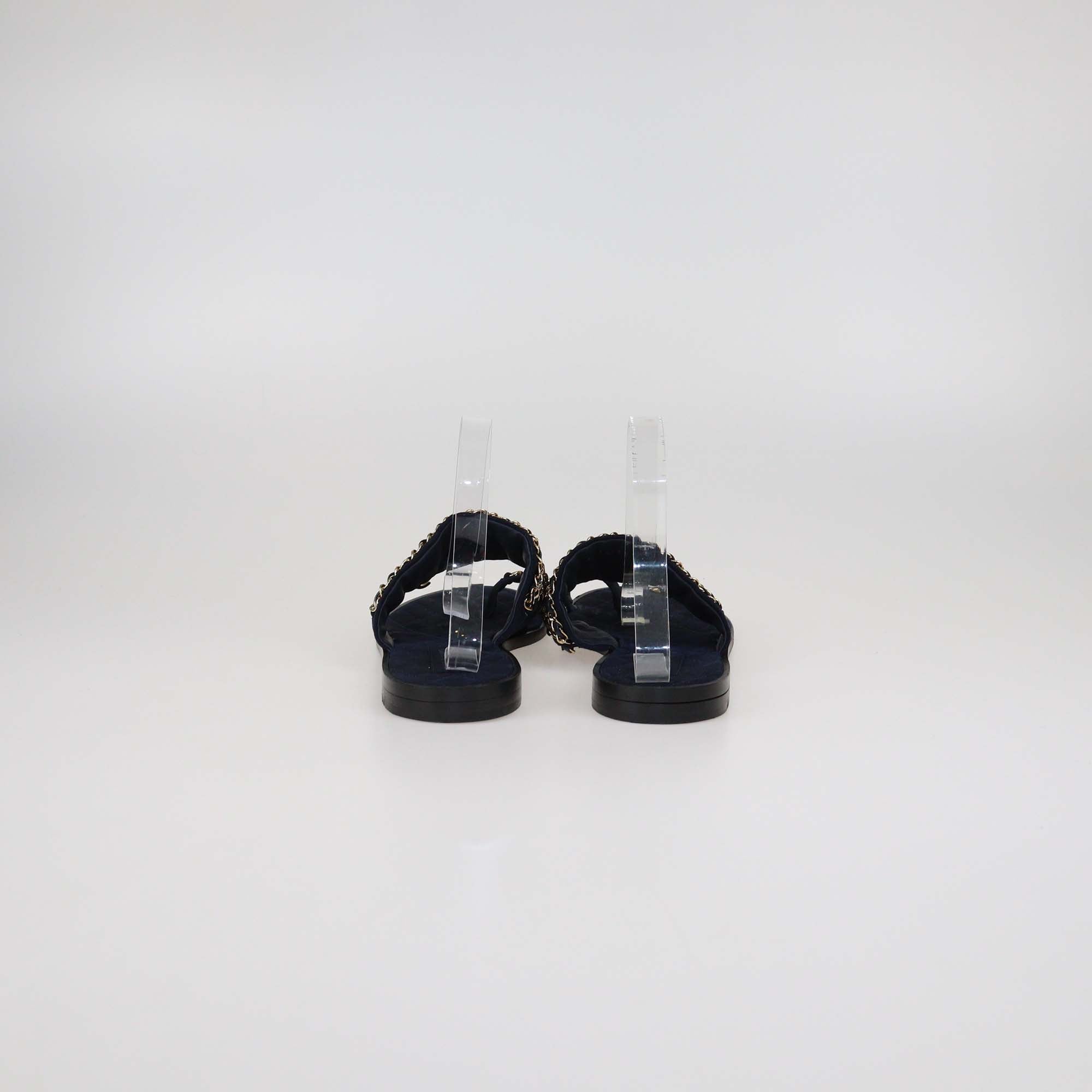 Chanel Navy Blue Suede and Leather Chain Links Flat Slides