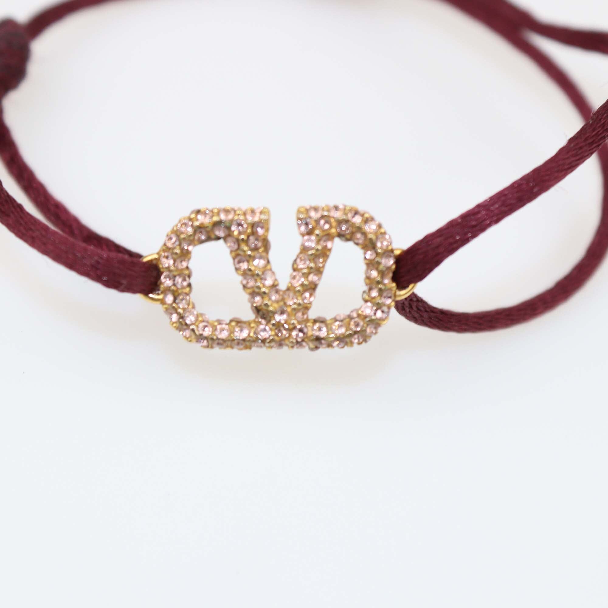 Valentino Maroon VLogo Crystal Embellished Cord Bracelet Womens Valentino