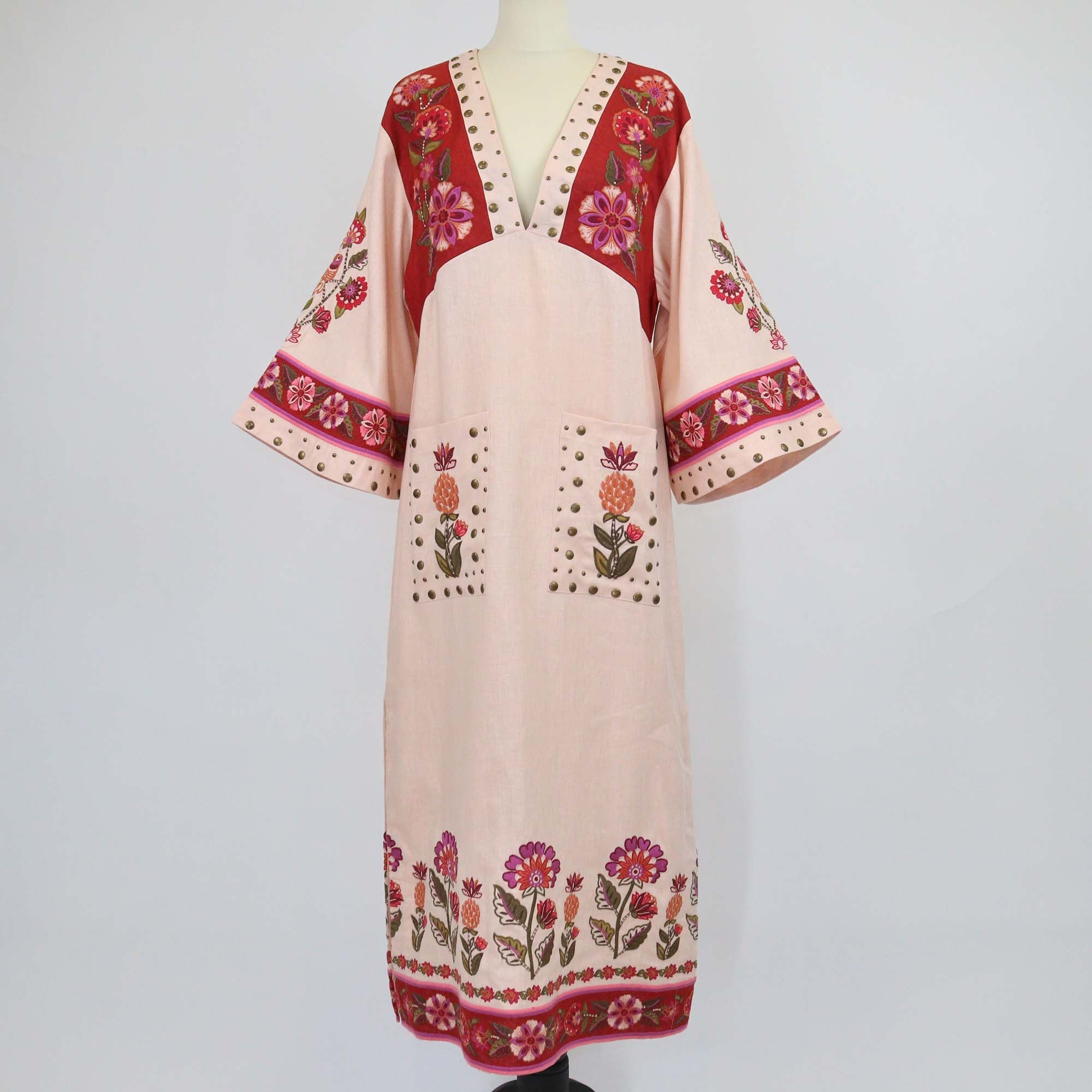 Farm Rio Multicolor Linen Nature Embroidered V Neckline Tunic Maxi Dress