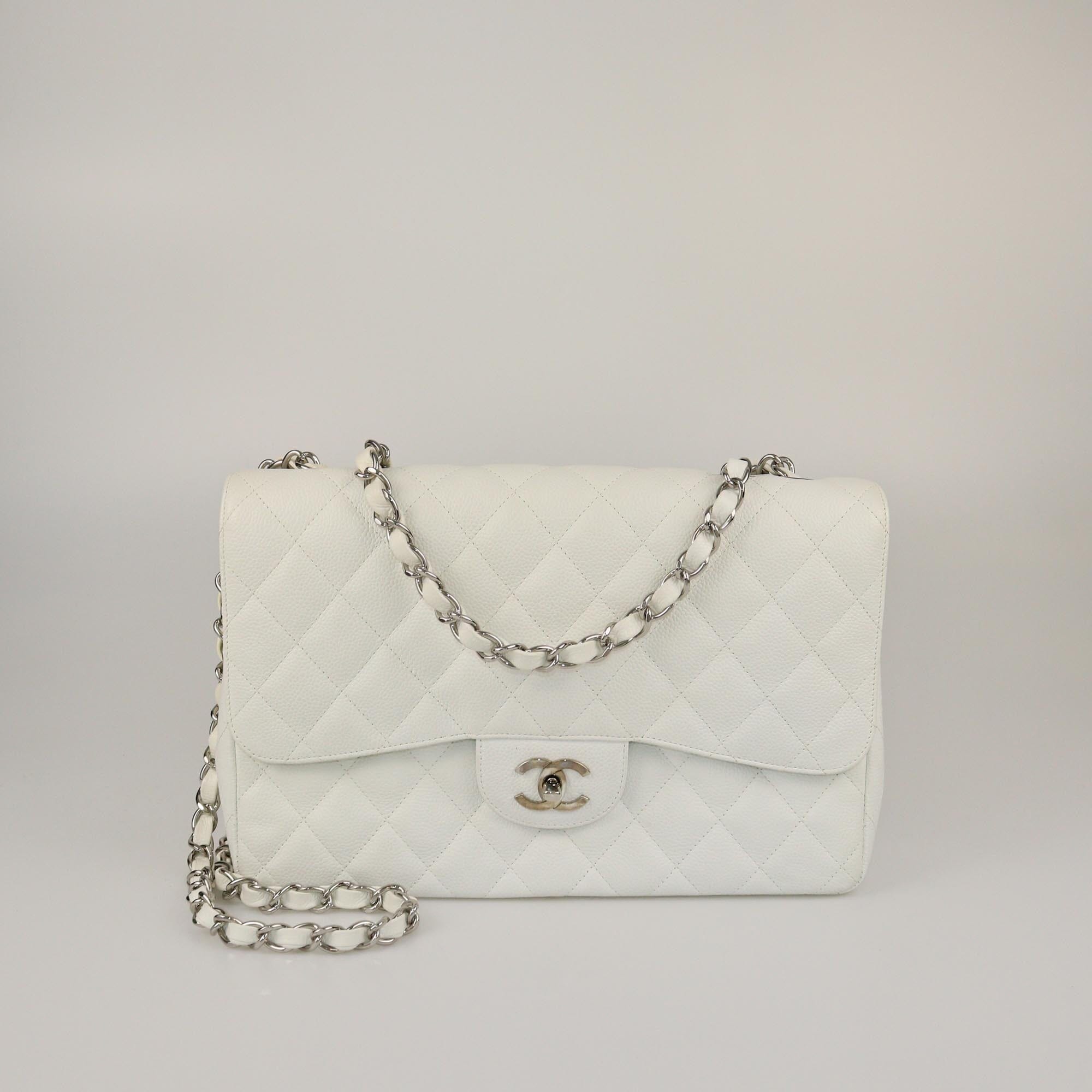 Chanel White Quilted Caviar Jumbo Classic Sungle Flap Bag Womens Chanel