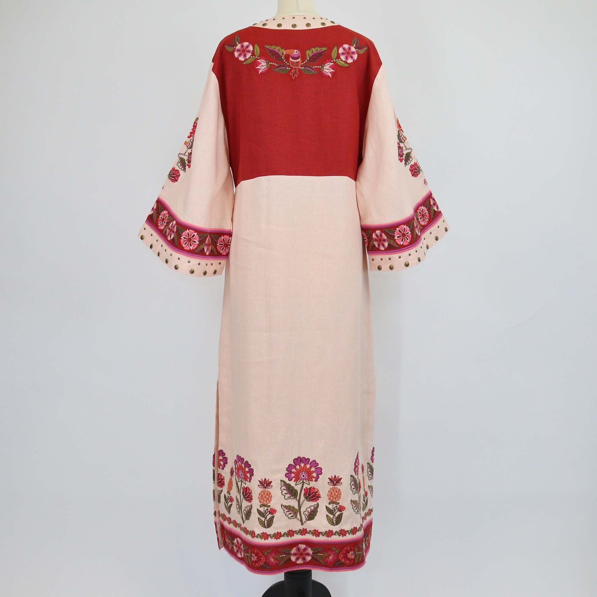 Farm Rio Multicolor Linen Nature Embroidered V Neckline Tunic Maxi Dress