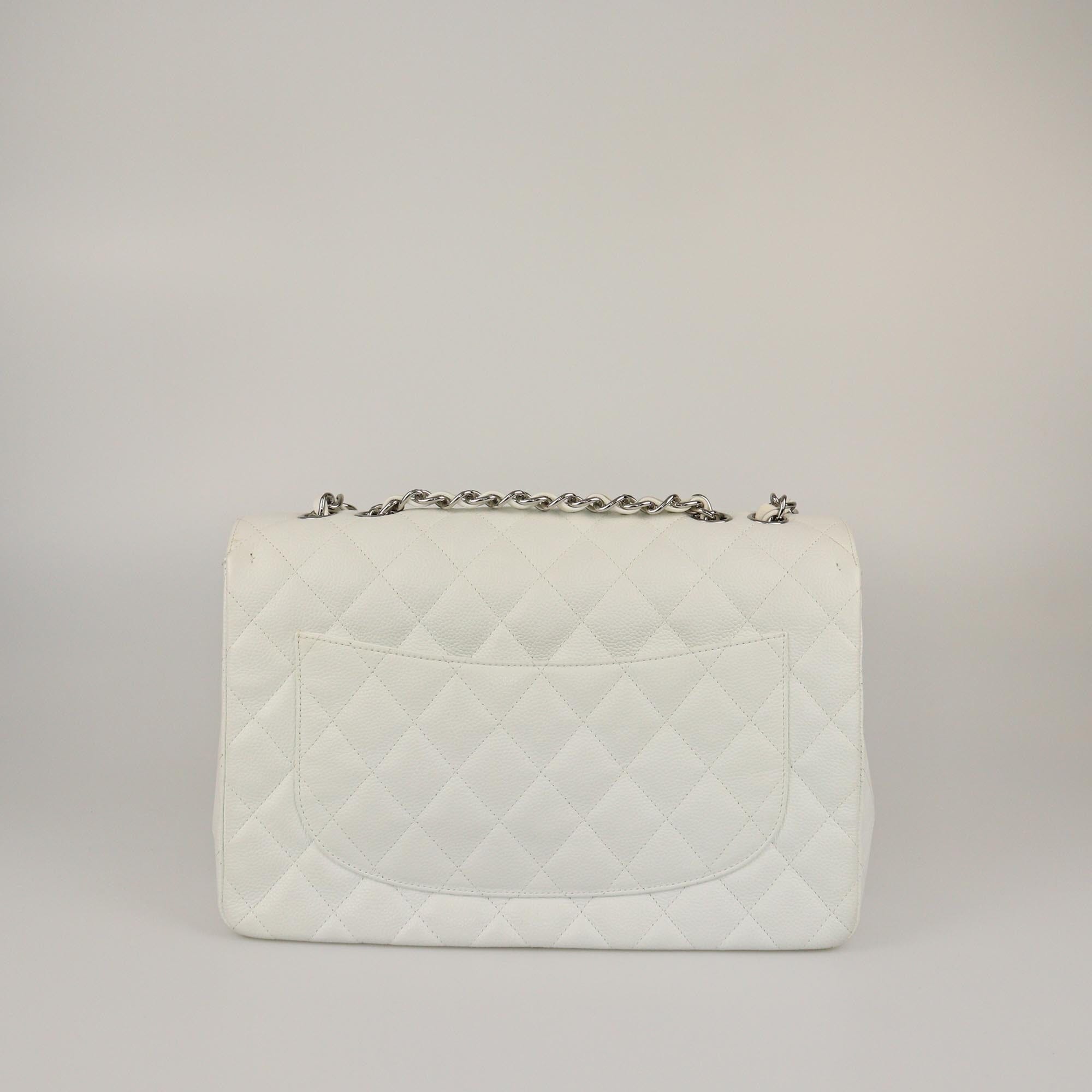 Chanel White Quilted Caviar Jumbo Classic Sungle Flap Bag Womens Chanel