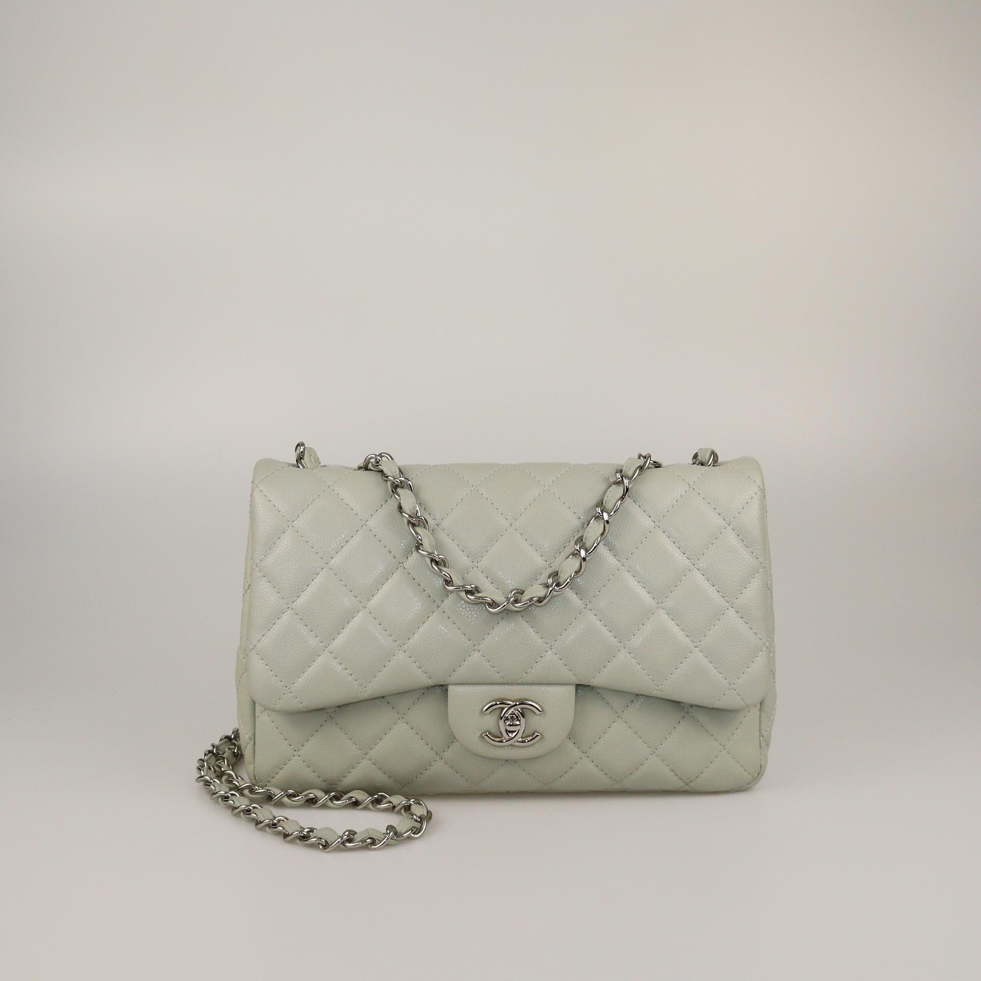 Chanel Mint Green Quilted Caviar Jumbo Classic Sungle Flap Bag Womens Chanel