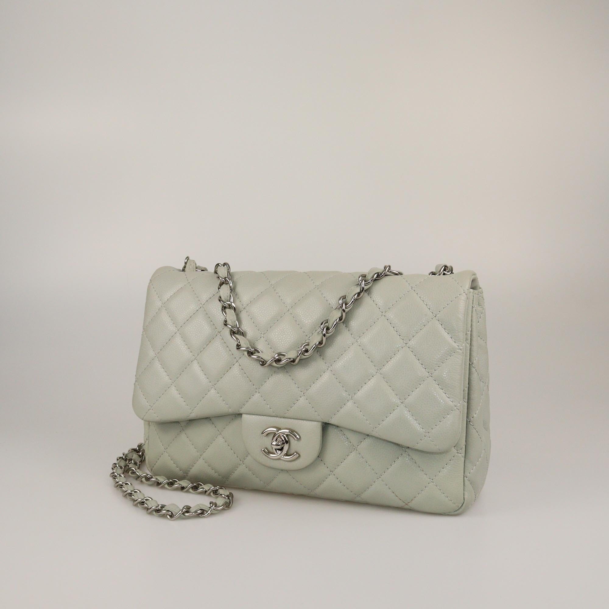 Chanel Mint Green Quilted Caviar Jumbo Classic Sungle Flap Bag Womens Chanel