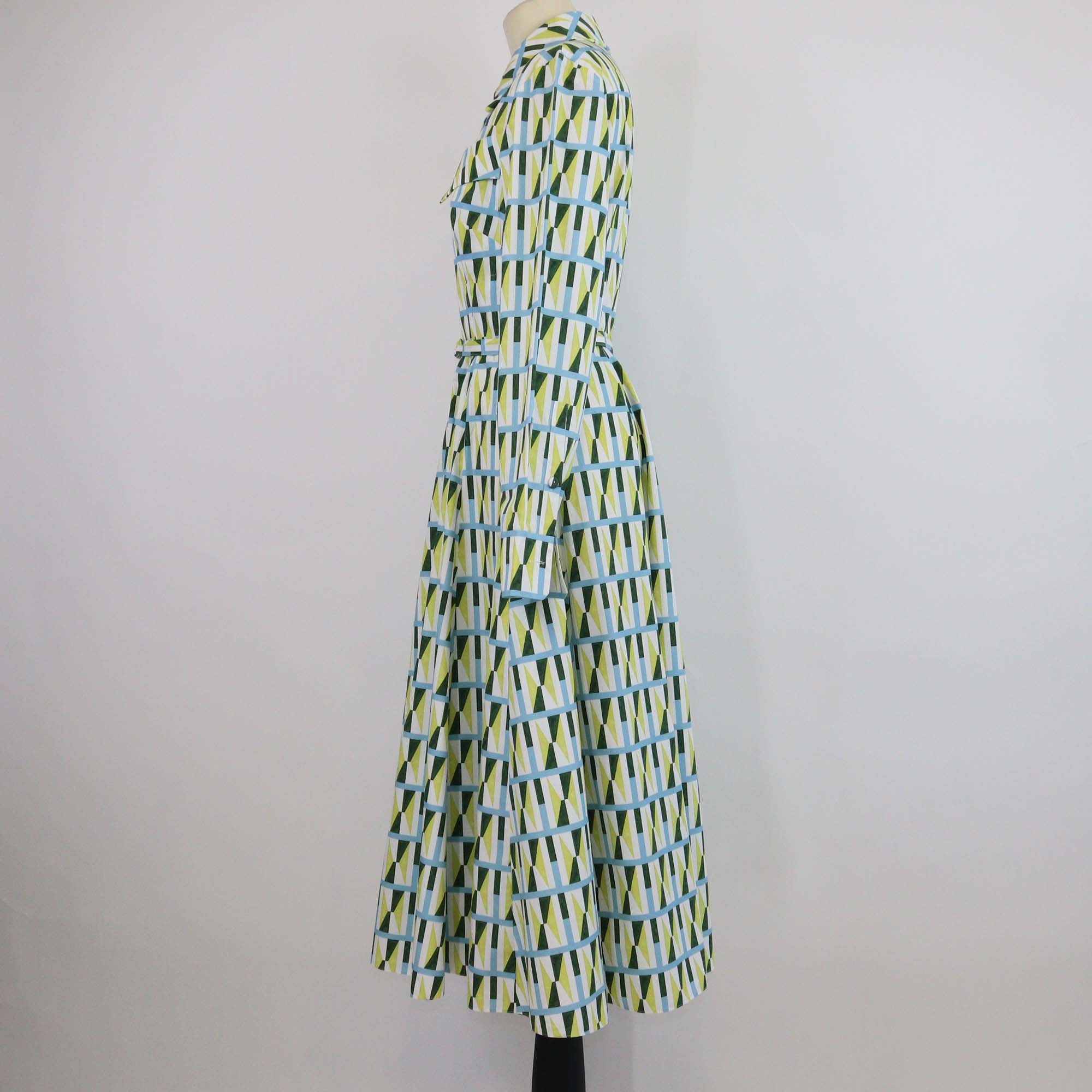 Emilia Wickstead Multicolor Cotton Geometric Printed Long Sleeve Belted Midi Dress