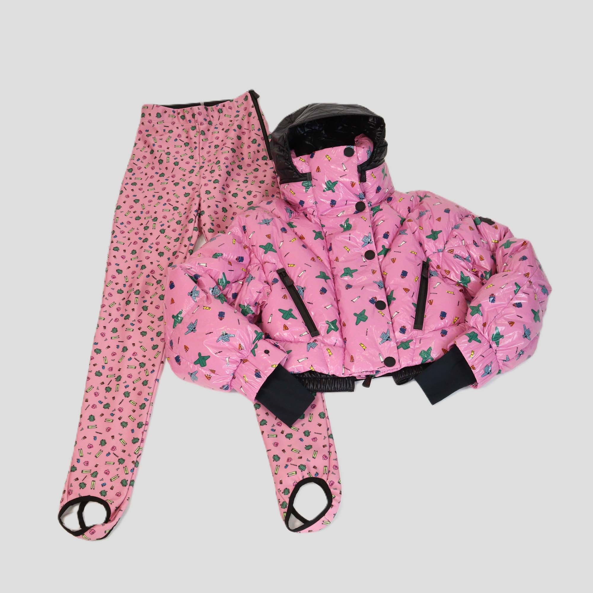 Moncler Grenoble x Naj-Oleari Pink Printed Plumel Down Ski Jacket & Stretch Jersey Stirrup