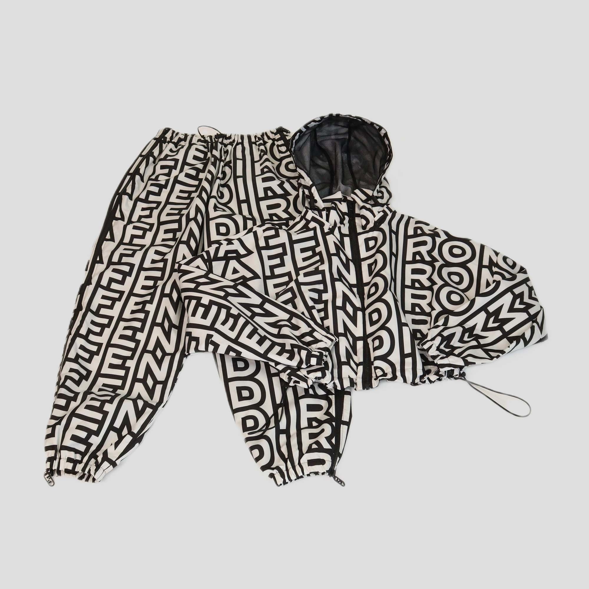 Fendi x marc Jacobs White/Black All Over Print Cropped Hooded Jacket & Drawstring Side Zip Pants Set