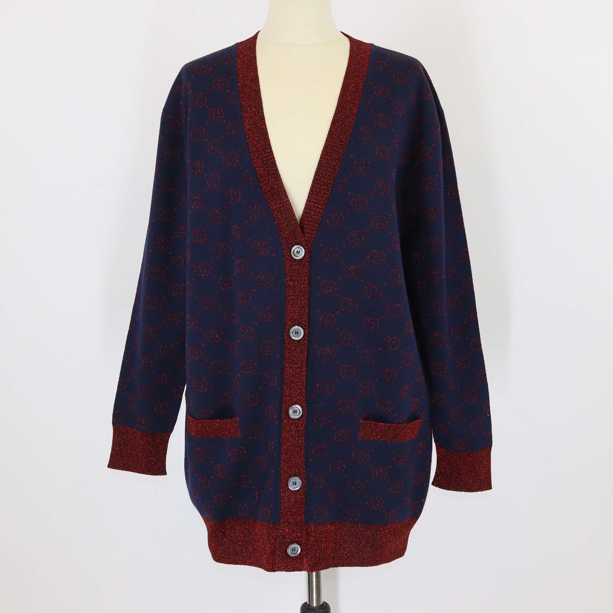 Gucci Navy Blue/Metallic Red GG Blend Wool Button Front Cardigan