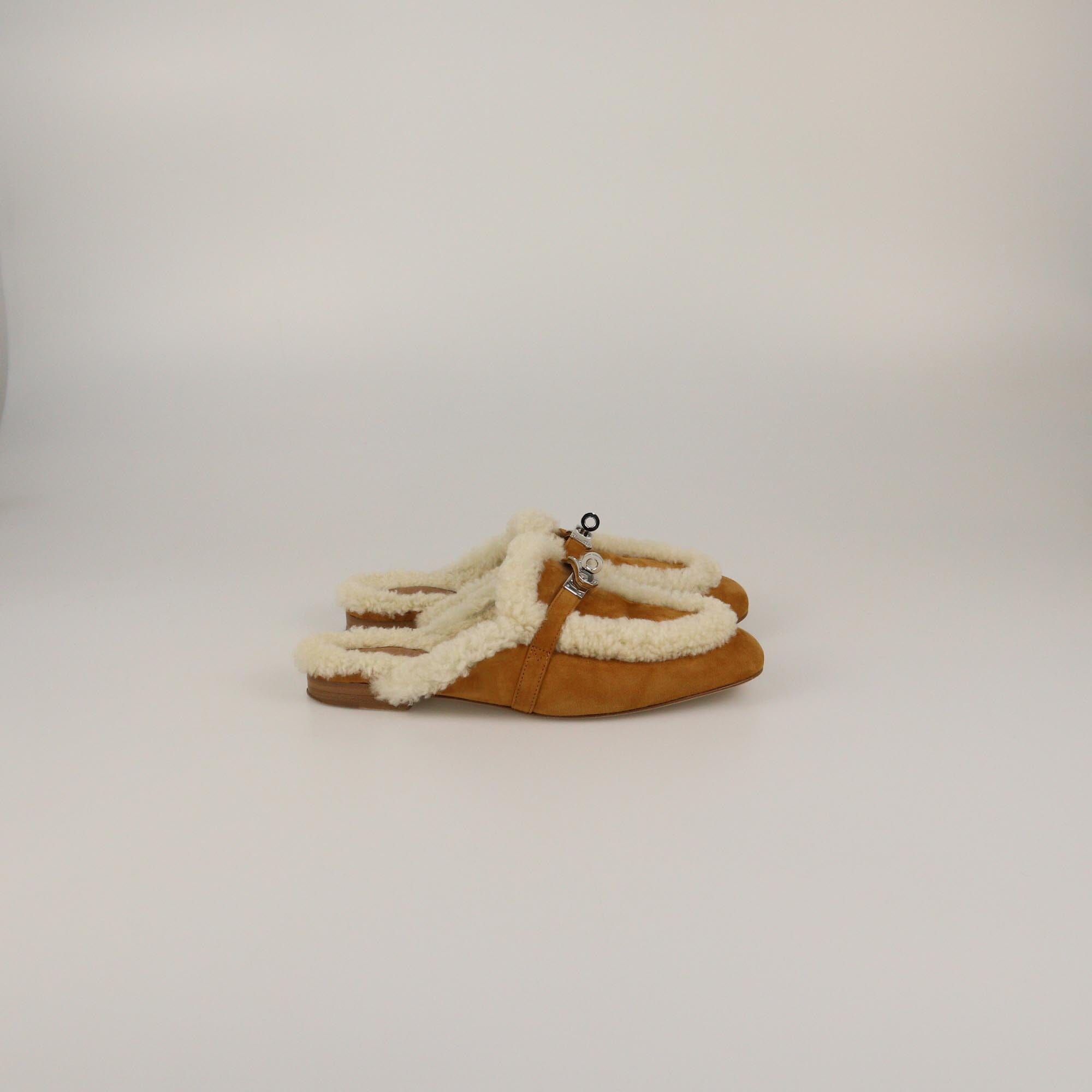 Hermes Naturel Shearling Oz Mules Womens Hermes