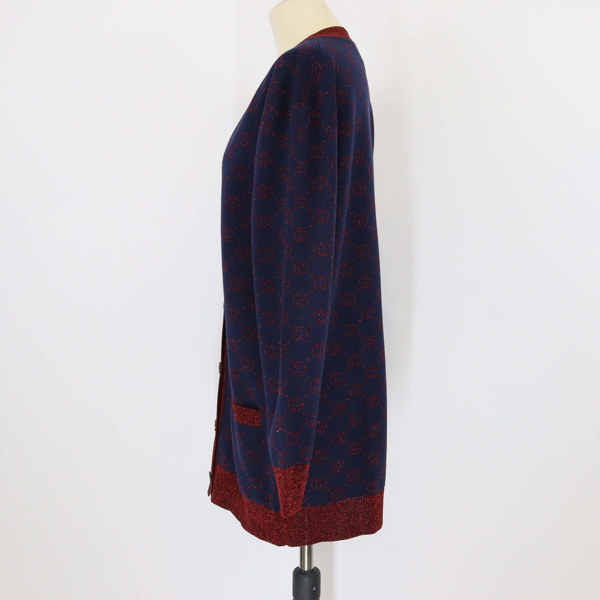 Gucci Navy Blue/Metallic Red GG Blend Wool Button Front Cardigan