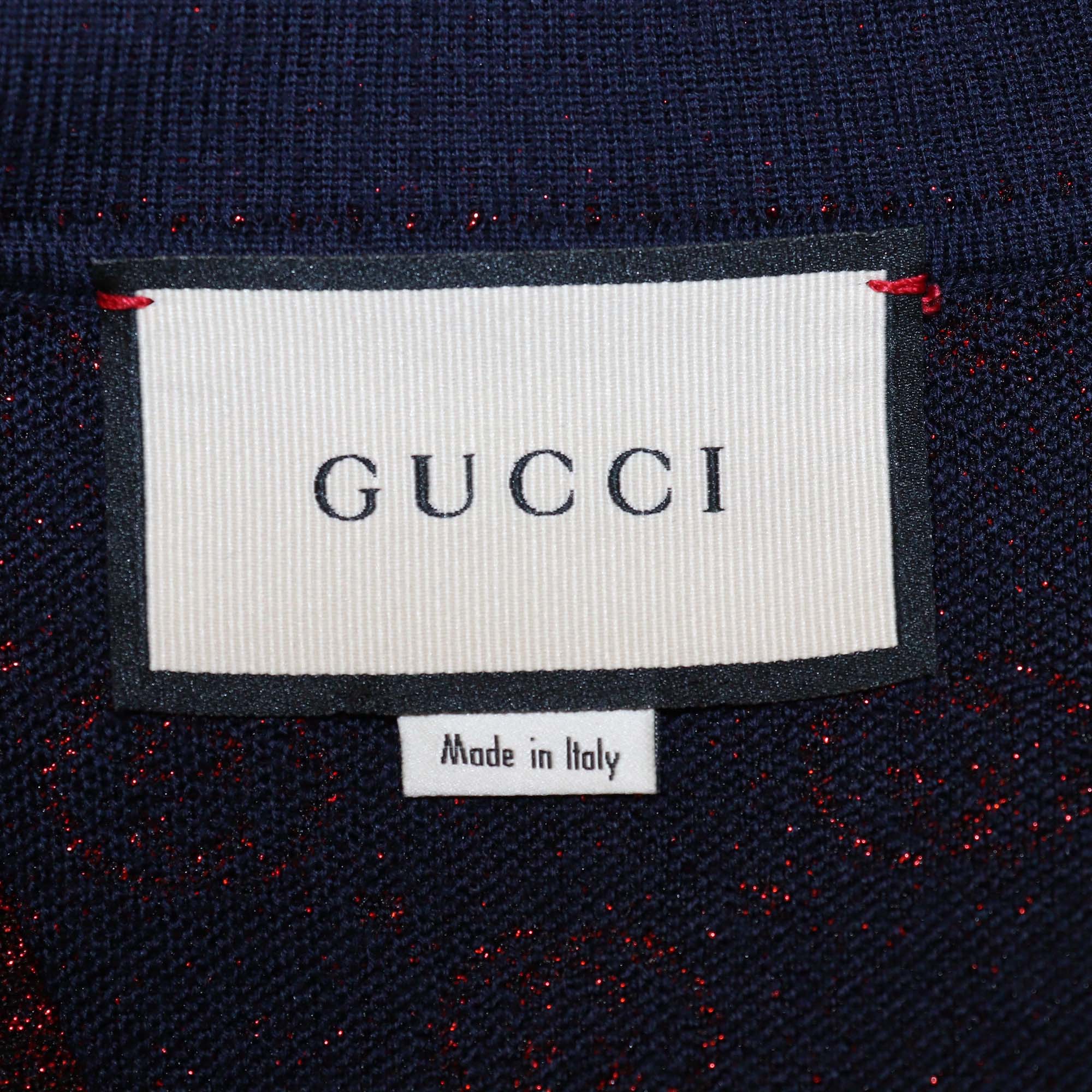 Gucci Navy Blue/Metallic Red GG Blend Wool Button Front Cardigan