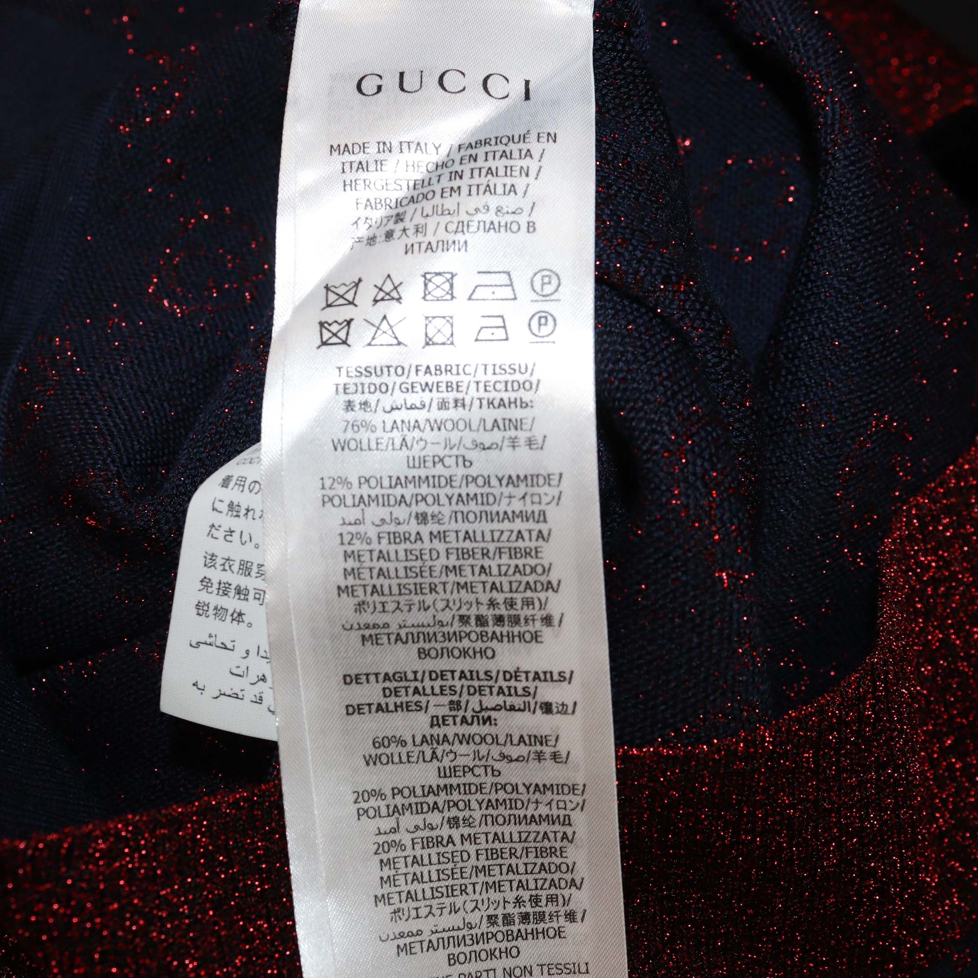 Gucci Navy Blue/Metallic Red GG Blend Wool Button Front Cardigan