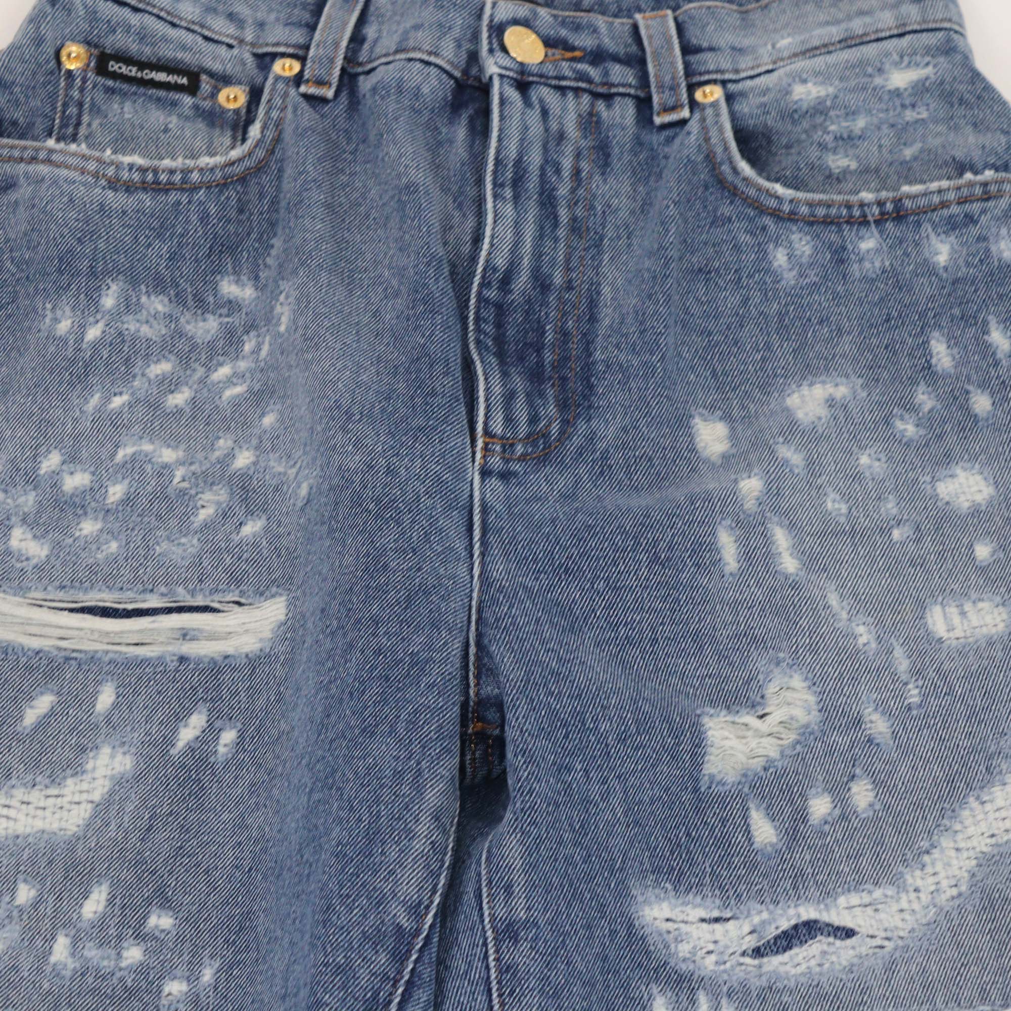 Dolce & Gabbana Washed Blue Denim Patchwork Pockets Ripped Pants